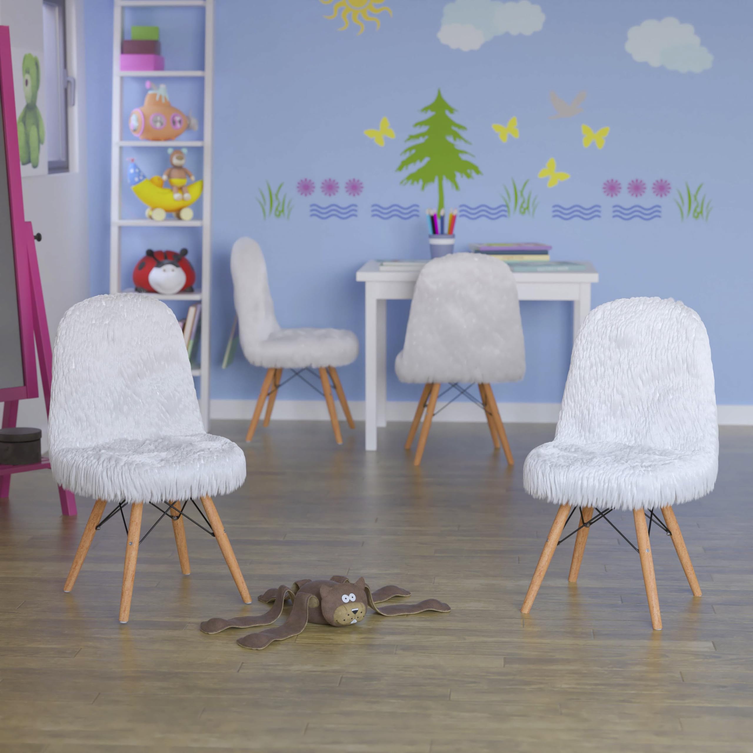 Kids Chair - White Shaggy Dog Accent Chair - Set of 4 Faux Fur Children's Chairs for Bedroom, Playroom & Nursery - Soft & Cozy Petite Seating for Toddlers