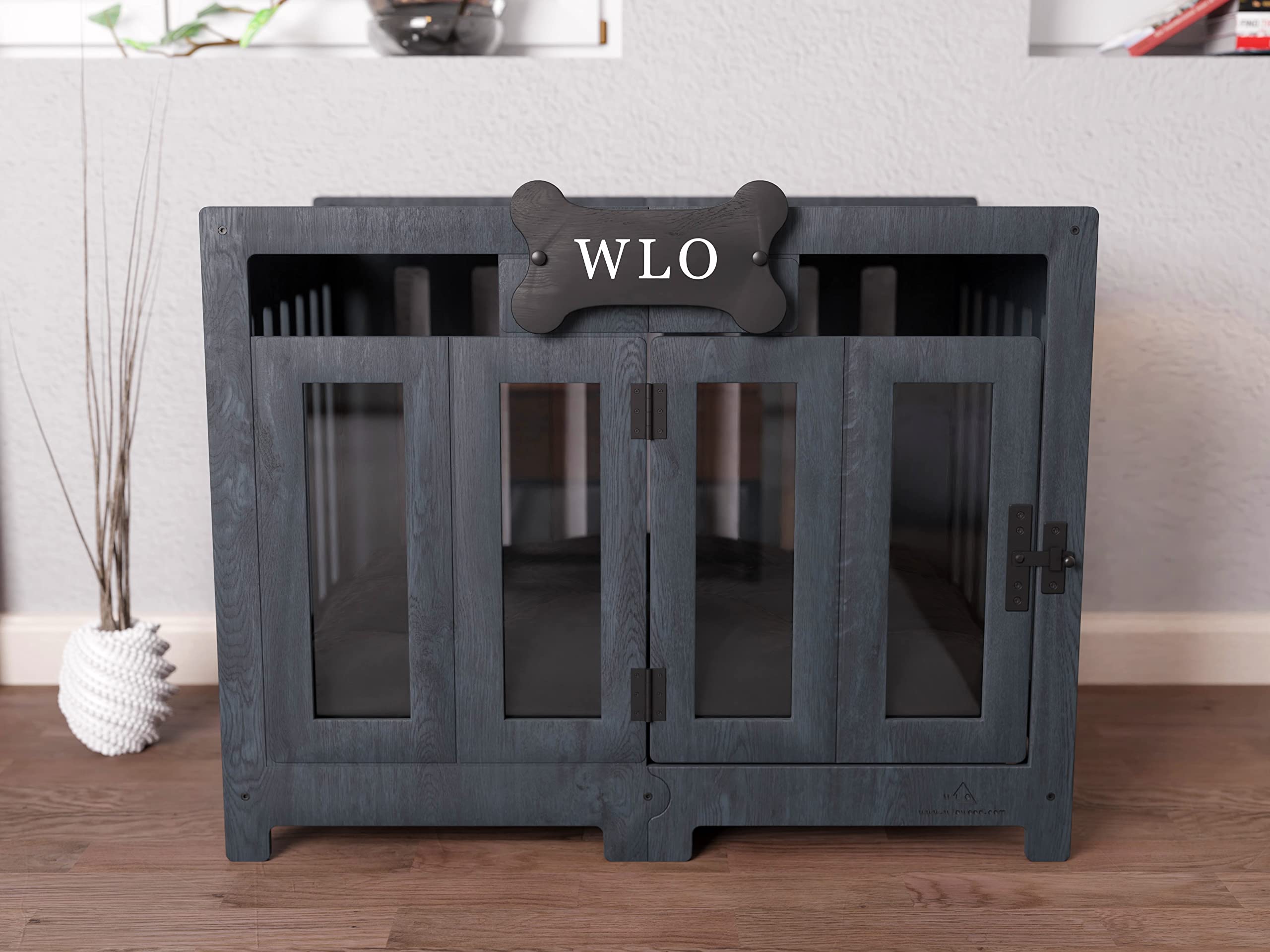 Modern Pueblo Wooden Dog Crate & Bed - Stylish Pet Kennel House with Removable Cushion - Durable Indoor/Outdoor Dog Furniture for Small to Medium Dogs - Perfect for Living Room, Bedroom, or Backyard Use
