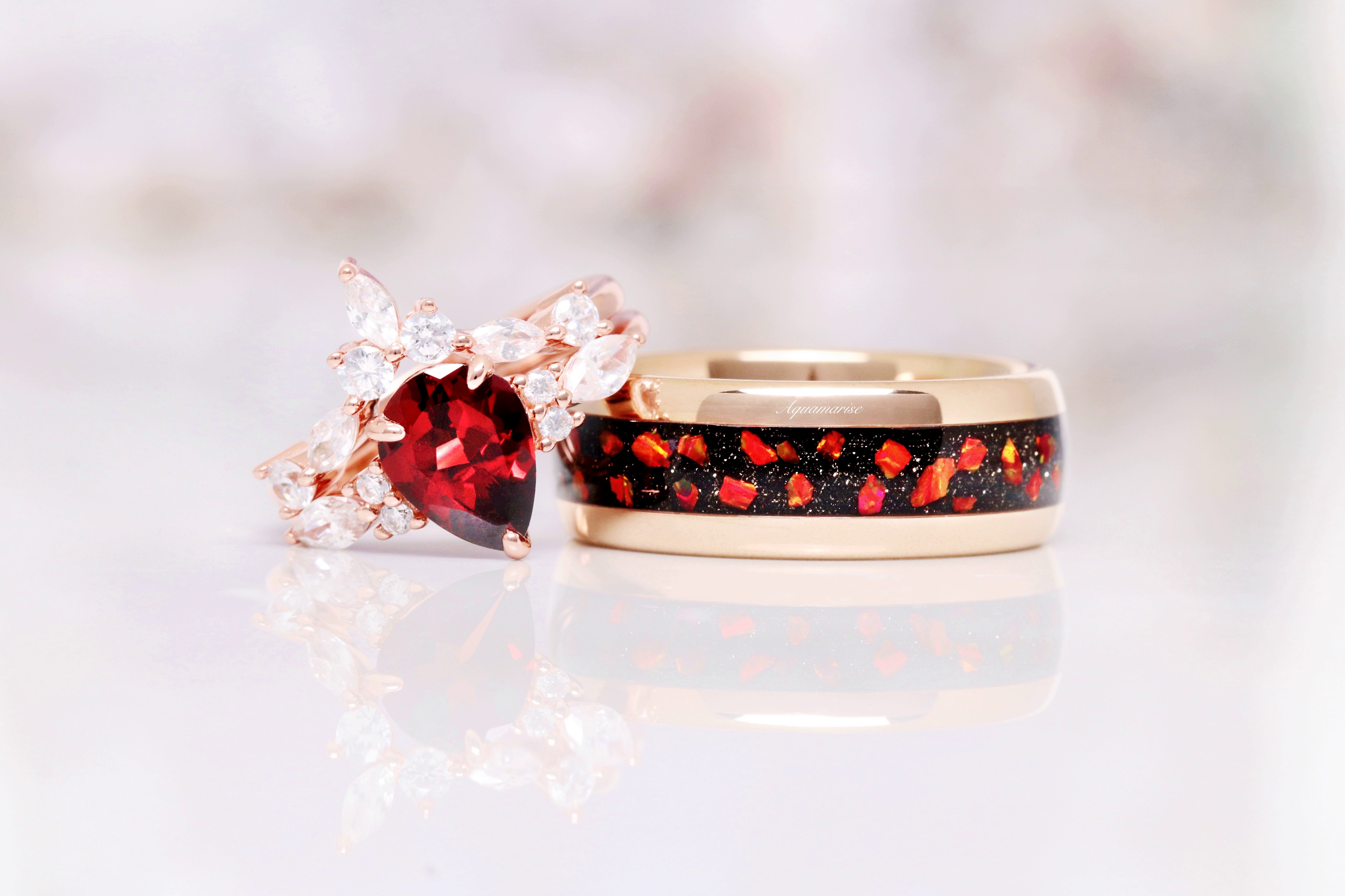 8MM Rose Gold Tungsten Wedding Band with Red Fire Opal & Starry Night Design - Perfect for Engagement Rings, Anniversary Gifts, and Special Occasions