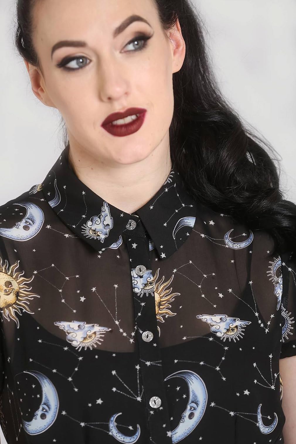 Hell Bunny Solaris Sun Moon Stars Gothic Wicca Chiffon Blouse - Vintage Boho Witchy Top for Women (XS-4XL) | Perfect for Halloween, Steampunk & Pagan Festivals