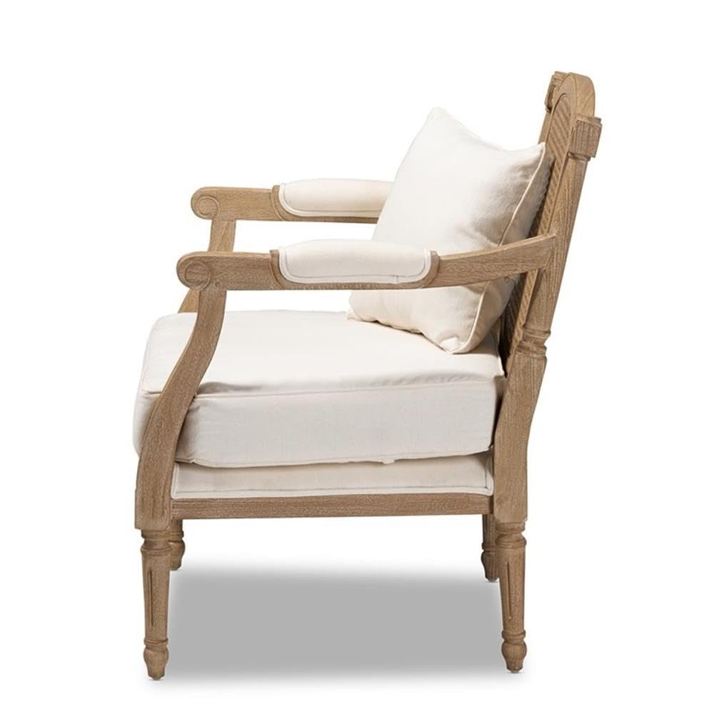 Baxton Studio Clemence Ivory Upholstered Whitewashed Wood Armchair - Modern Farmhouse Dining Chair for Kitchen, Living Room & Office