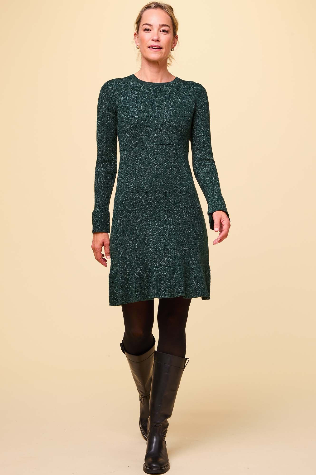 Metallic Knit Short Sleeve Dress for Women - Emerald Green Elegant Party & Casual Wear | Perfect for Date Night, Cocktail Parties & Summer Outings