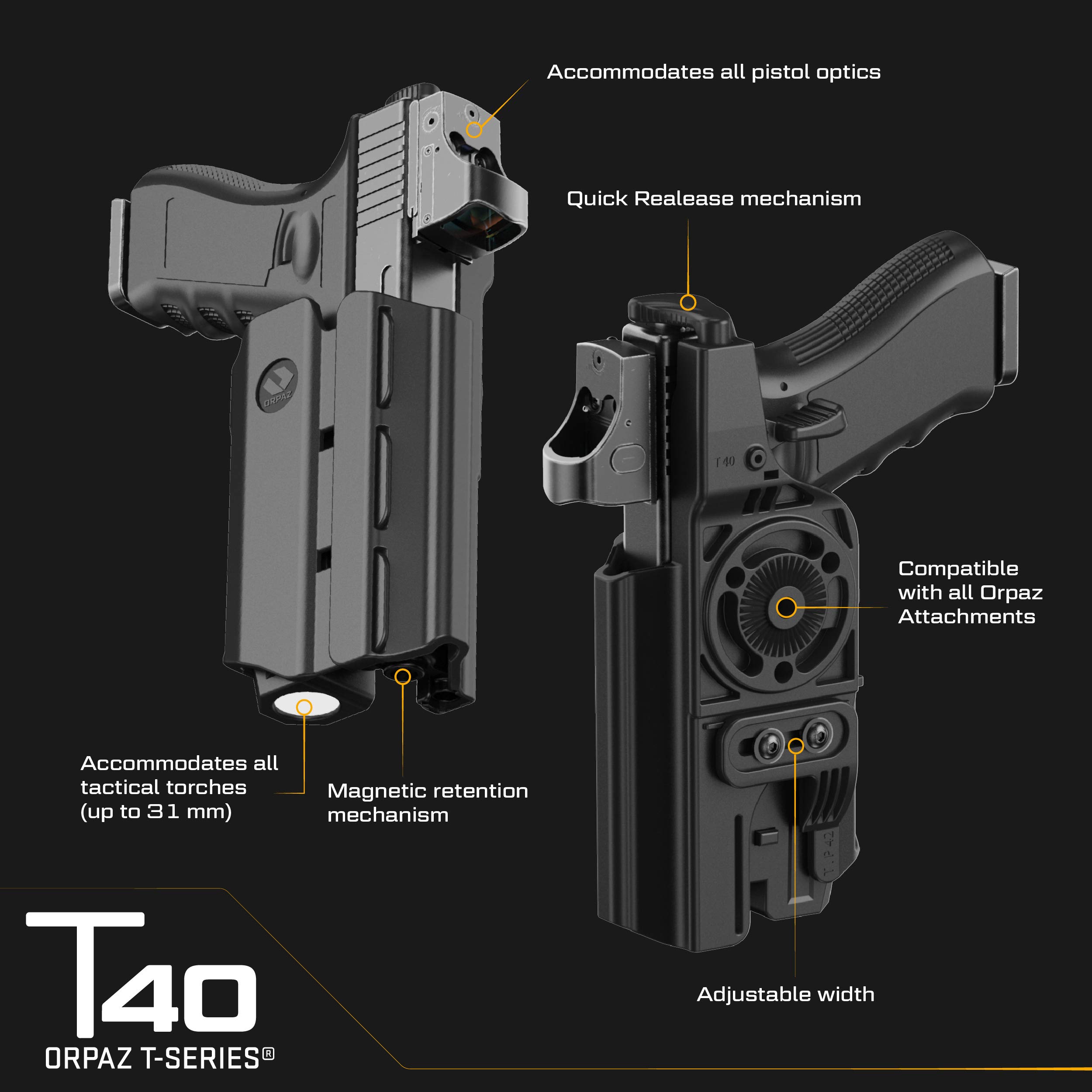 Orpaz T40 Adjustable Modular SD9VE Holster - OWB Compatible with S&W SD9VE Pistol, Fits Light/Laser/Sight/Optics - Tactical Gun Holder for Outdoor Shooting, Range Training & Concealed Carry