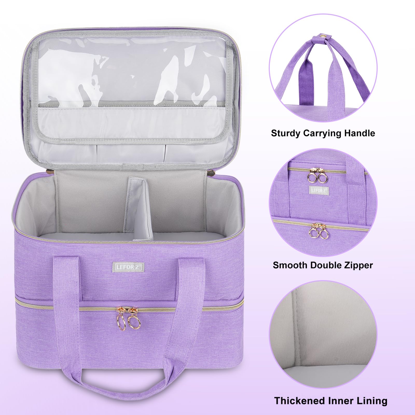 Double Layer Nail Polish Organizer & Storage Case - Holds 40 Bottles & Nail Lamp - Portable Nail Tech Carrying Bag for Salon & Travel - Purple Nail Art Supply Holder (Perfect for Professional Nail Technicians & DIY Manicures at Home)