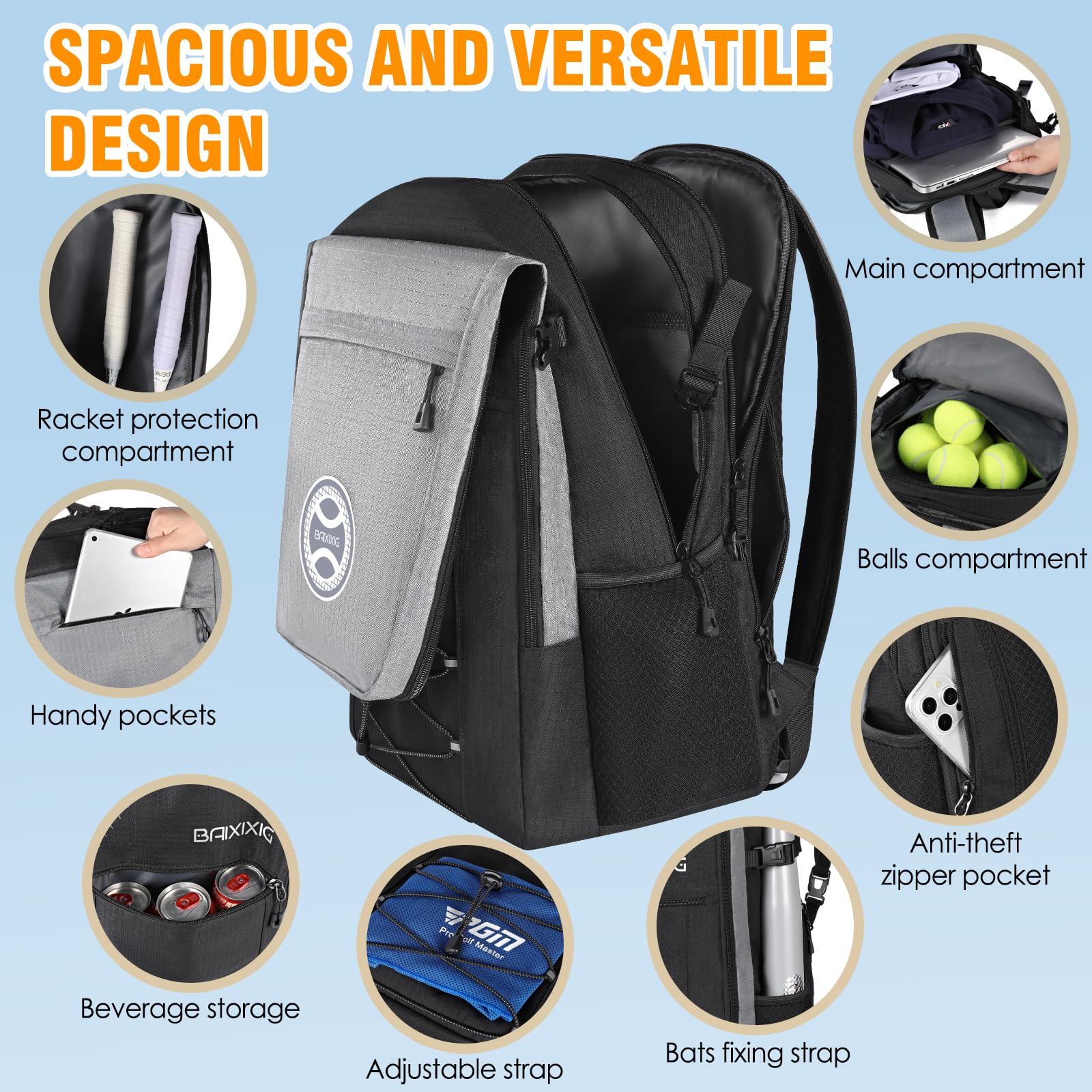 **Waterproof Tennis Backpack with Shoe Compartment – Large 40L Tennis Bag for Men & Women – Holds 3 Rackets & Gear – Durable Gray Tennis Equipment Backpack for Training, Matches & Travel**