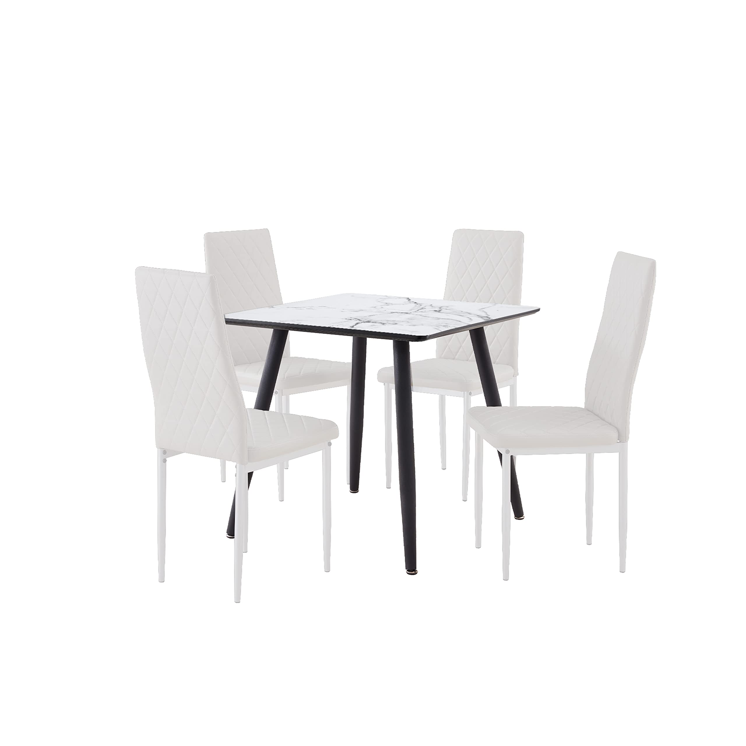 Maolilaker 4-Piece Dining Set - White Imitation Marble Table with Checkered Pattern & Soft Cushion Chairs, Easy Assembly for Kitchen, Dining Room, Breakfast Nook | Modern Home Furniture