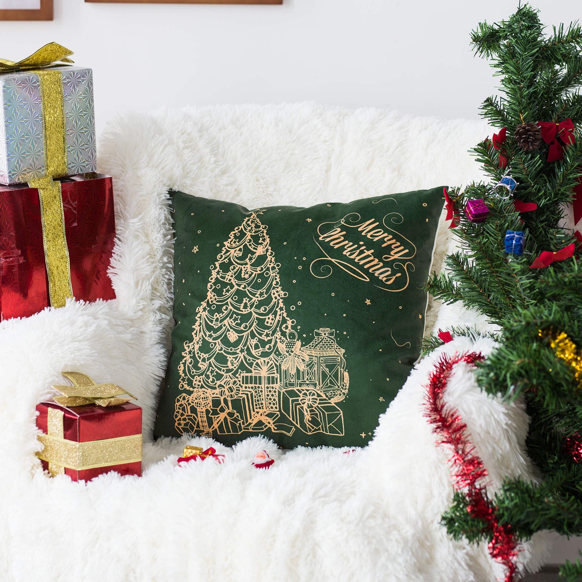 CaliTime 18x18 Inch Christmas Tree Print Fleece Throw Pillow Covers Pack of 2 - Soft Cozy Decorative Cushion Covers for Sofa, Couch, Bedroom - Perfect Holiday Home Decor Gift (Green)