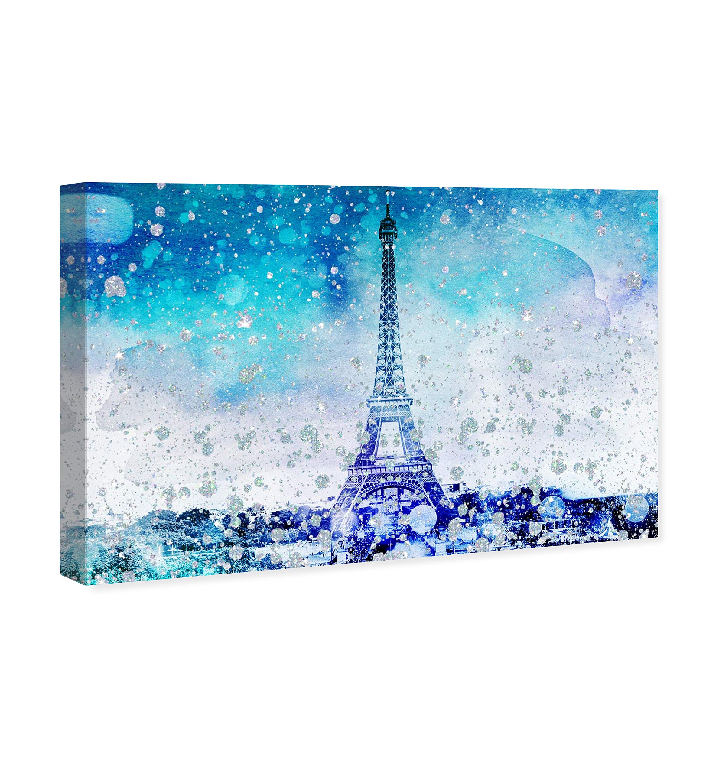 Oliver Gal Artist Co. Cities and Skylines Wall Art Canvas Print - Eiffel Glitter Blue Paris Landscape Painting - 30x20 Inch Modern Home Decor for Living Room, Bedroom & Office - White Framed Artwork