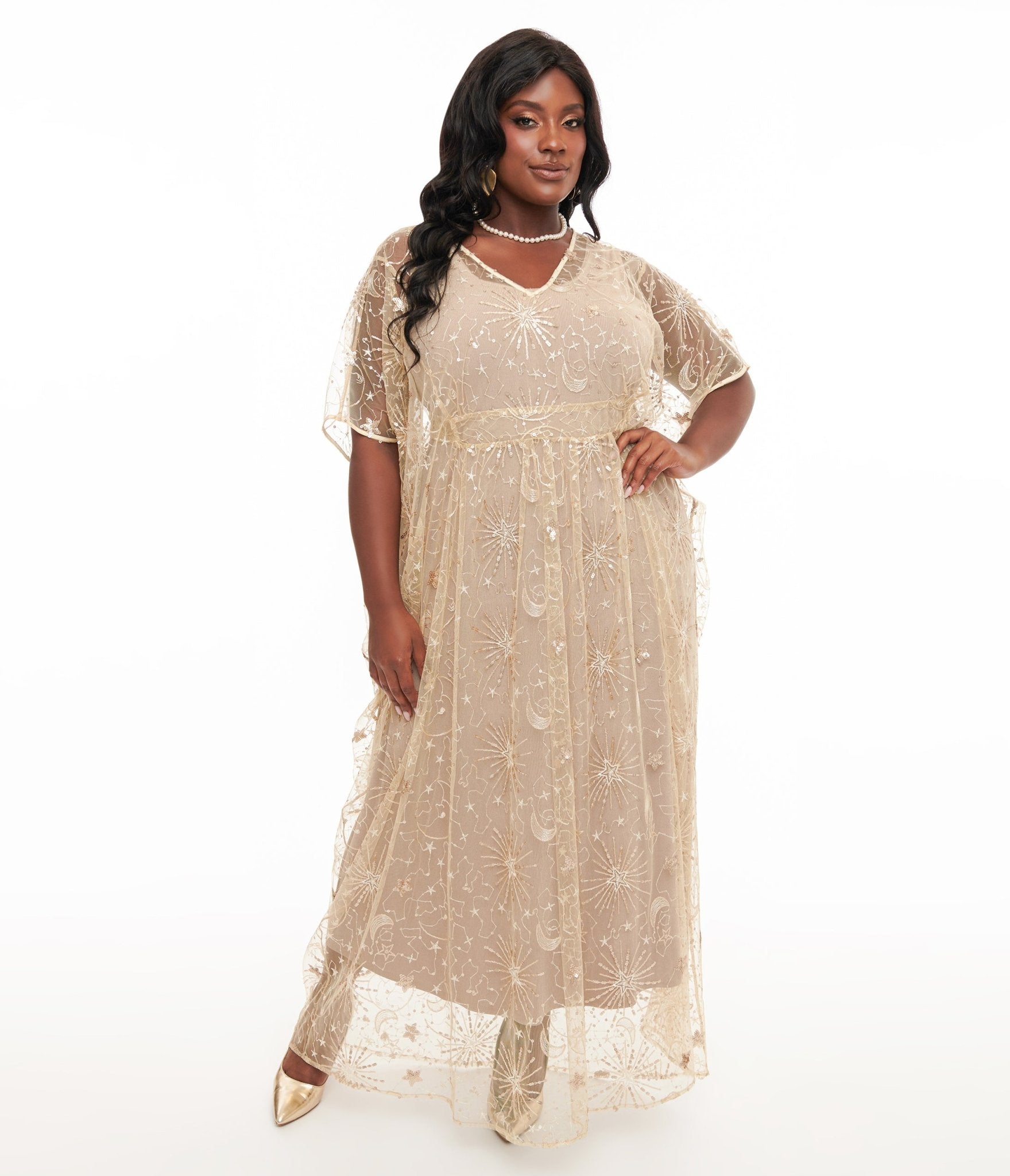 Vintage 1960s Champagne Celestial Sequin Caftan - Retro Boho Maxi Dress for Parties, Weddings & Special Occasions
