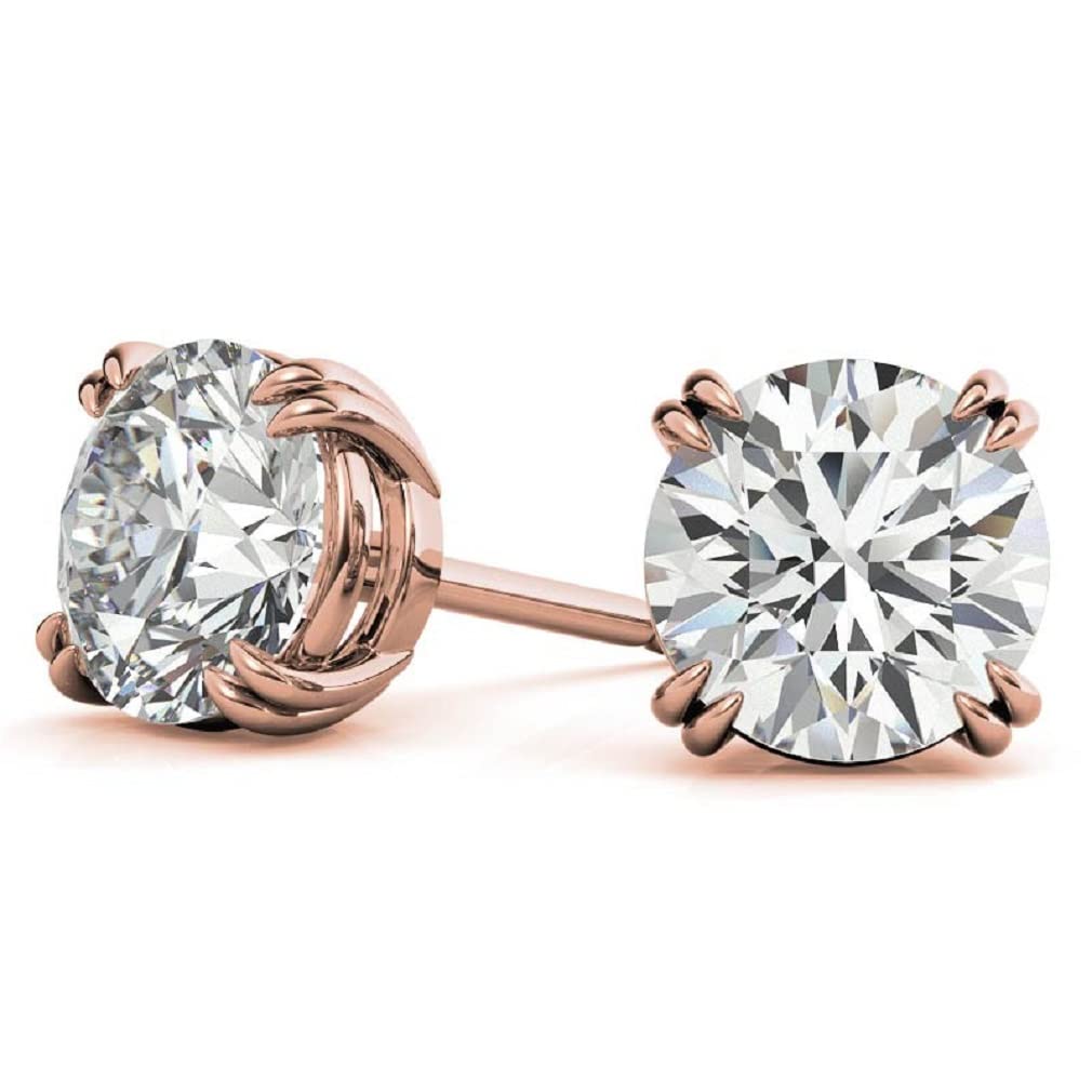 10K/14K/18K Solid Rose Gold Handmade Stud Earrings - 3 TCW Round Cut Moissanite Diamond Earrings for Women - Solitaire Anniversary, Engagement & Birthday Gift Jewelry - Push/Screw Back Dual Prong Setting - Perfect for Weddings, Date Nights & Special Occasions