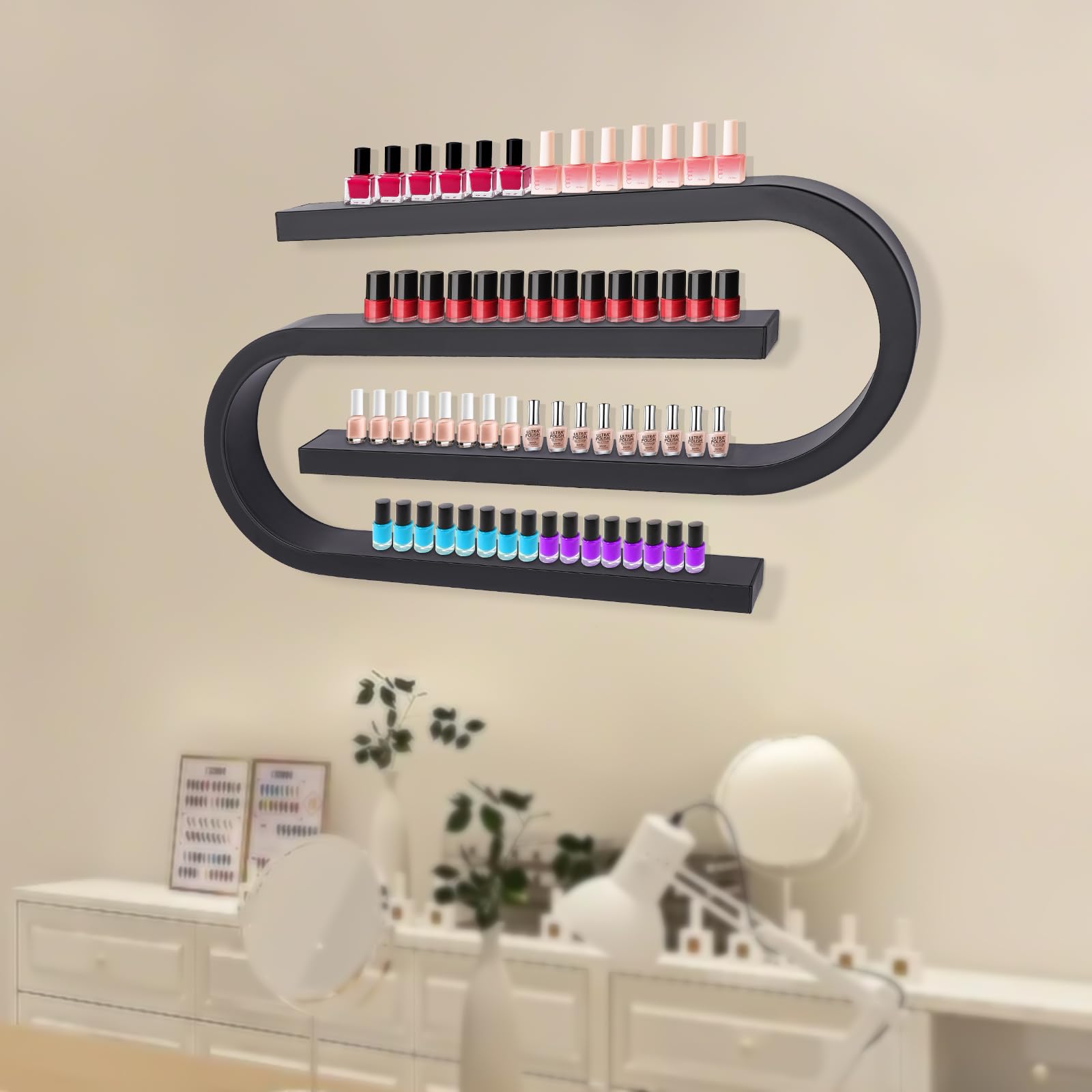 2PCS Black Metal Nail Polish Rack - Wall Mounted Nail Polish Organizer & Display Shelf for Salon, Spa or Home Use - Perfect for Storing 30-50 Bottles of Nail Polish, Acrylic Paints & Beauty Products