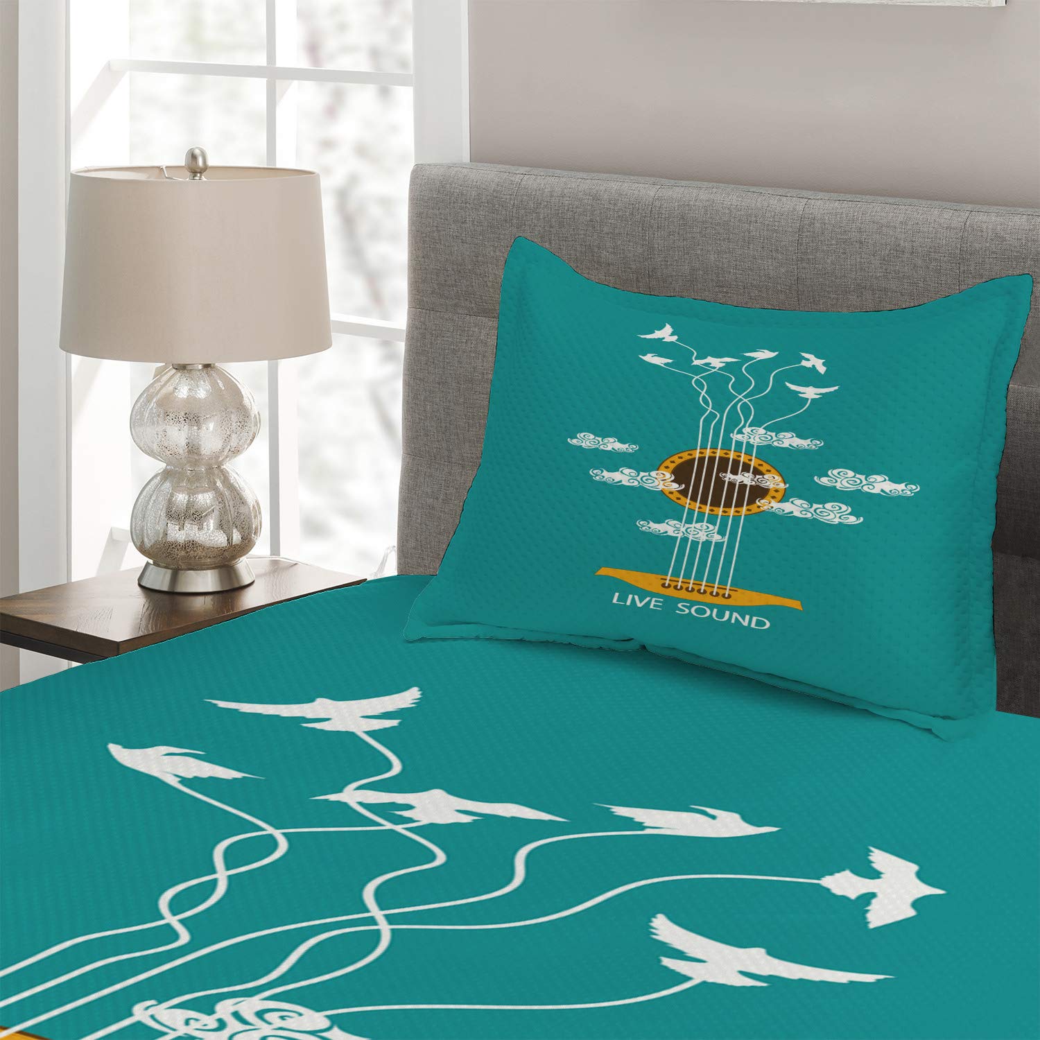 Ambesonne Twin Size Guitar Themed Quilt Set - Abstract Music Design with Birds on Strings & Clouds, 2-Piece Bedspread & Pillow Sham in Turquoise Marigold White | Perfect for Music Lovers' Bedroom Decor & Gift Ideas