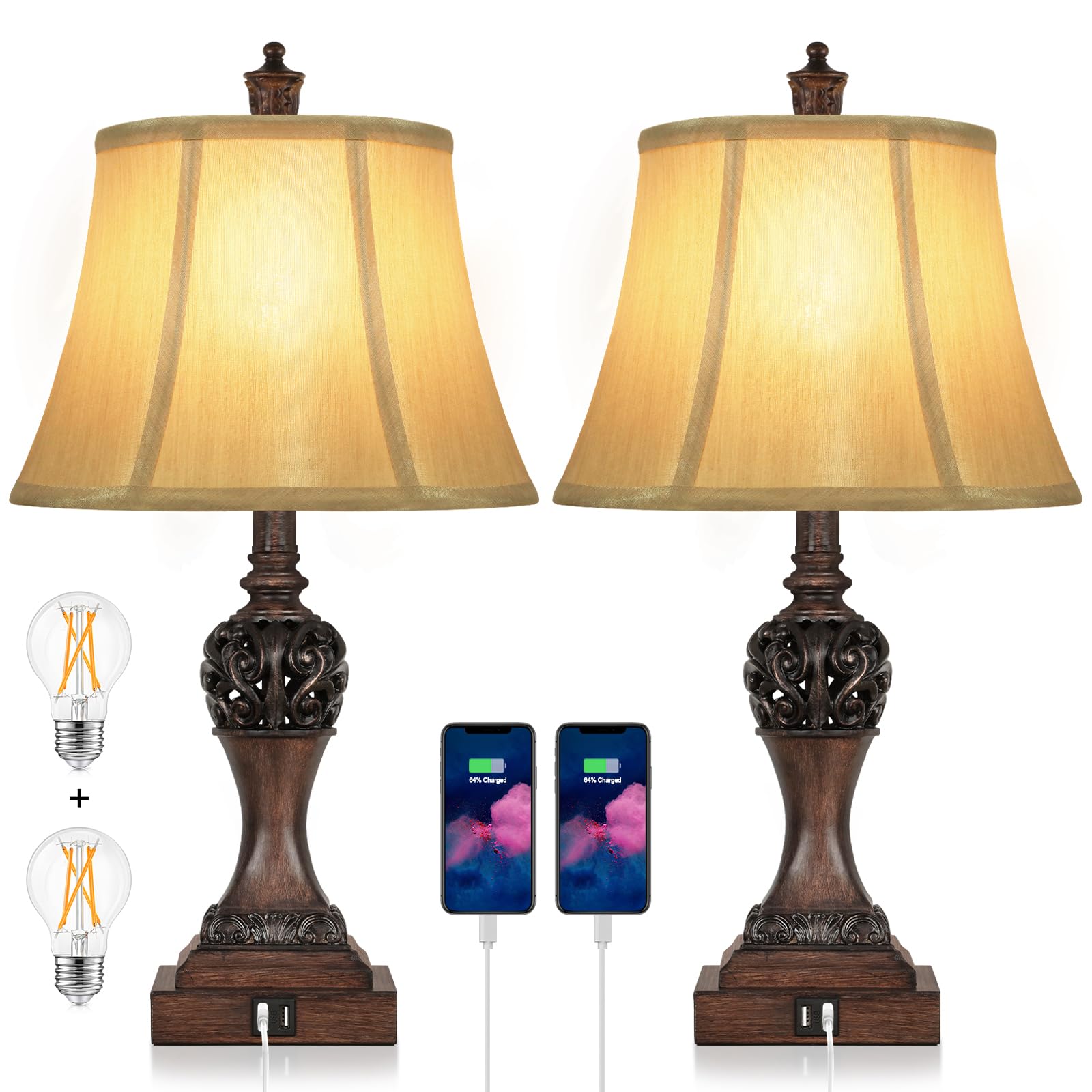2-Pack Touch Control 3-Way Dimmable Table Lamps with USB Charging Ports - Traditional Bedside Lamps with Bell-Shaped Faux Silk Shade & Brown Base for Bedroom, Nightstand, Living Room (LED Bulbs Included) - Perfect for Reading, Relaxing & Charging Devices