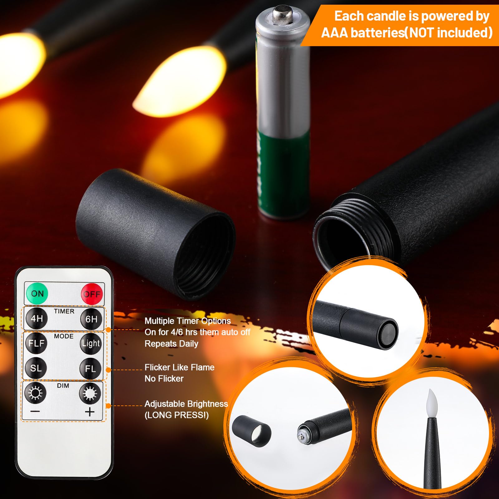 24 Pack Flameless LED Hanging Candles - Battery Operated Halloween Decor with Warm White Light (6.3 Inch Black Taper Candles) Perfect for Spooky Party, Haunted House, and Magical Floating Candle Displays