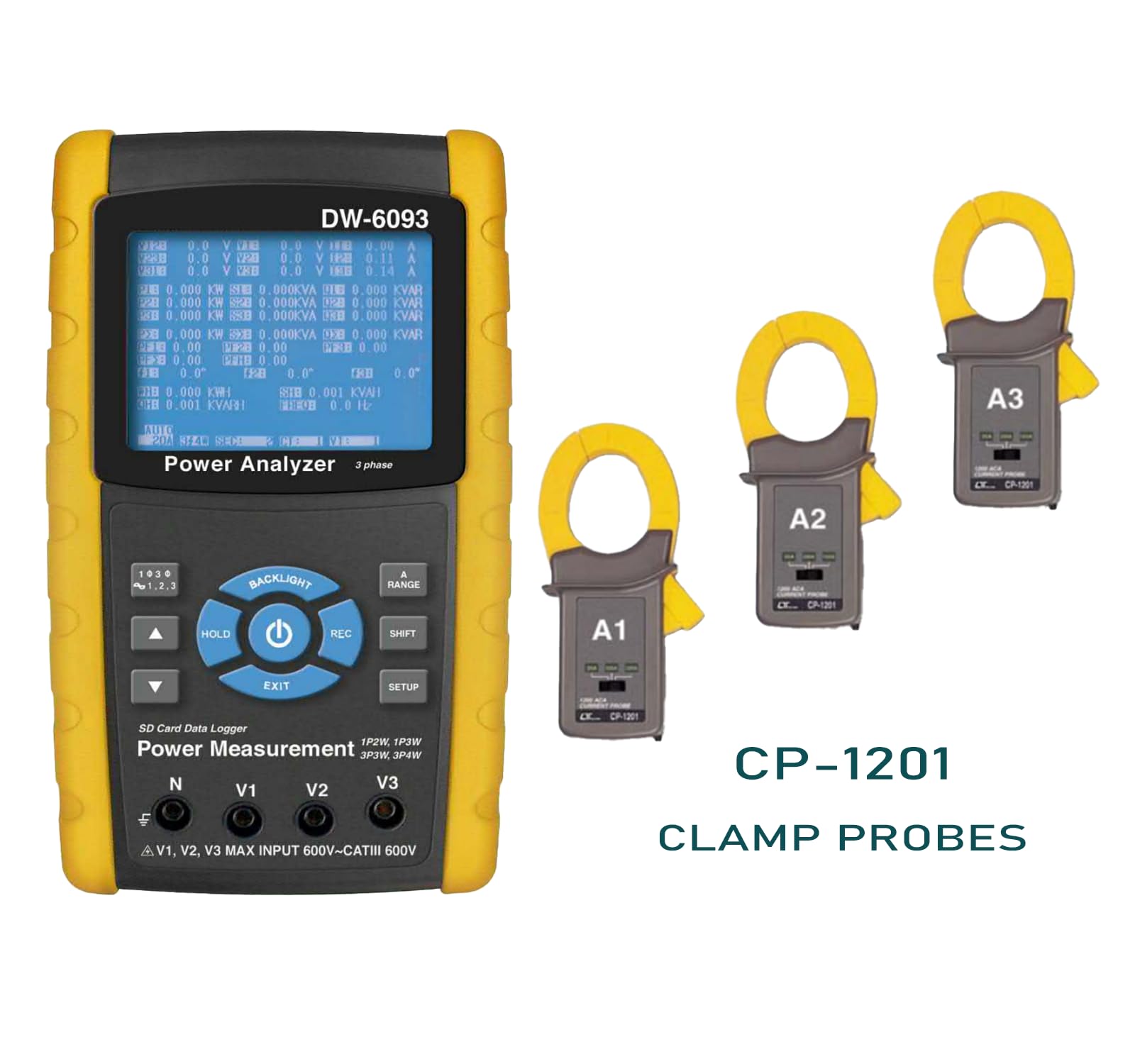 DW-6093 3 Phase Power Analyzer Meter Tester - Real-Time Data Logger with 3 CP-1201 Current Probes (20A/200A/1200A) | 1P/2W, 1P/3W, 3P/3W, 3P/4W | Ideal for Industrial Power Monitoring, Electrical Testing & Energy Management