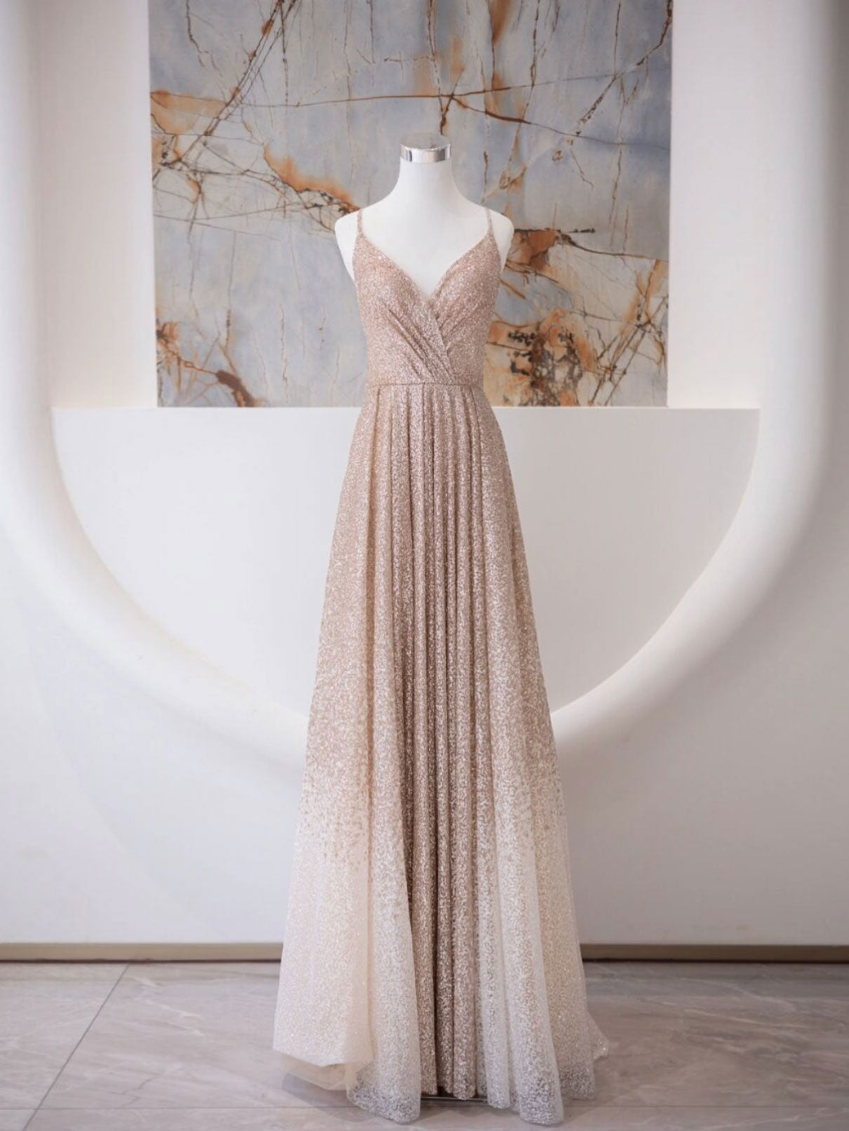 Elegant A-Line V-Neck Champagne Long Prom Dress - Shiny Tulle Evening Gown for Homecoming, Wedding, Party & Special Occasions
