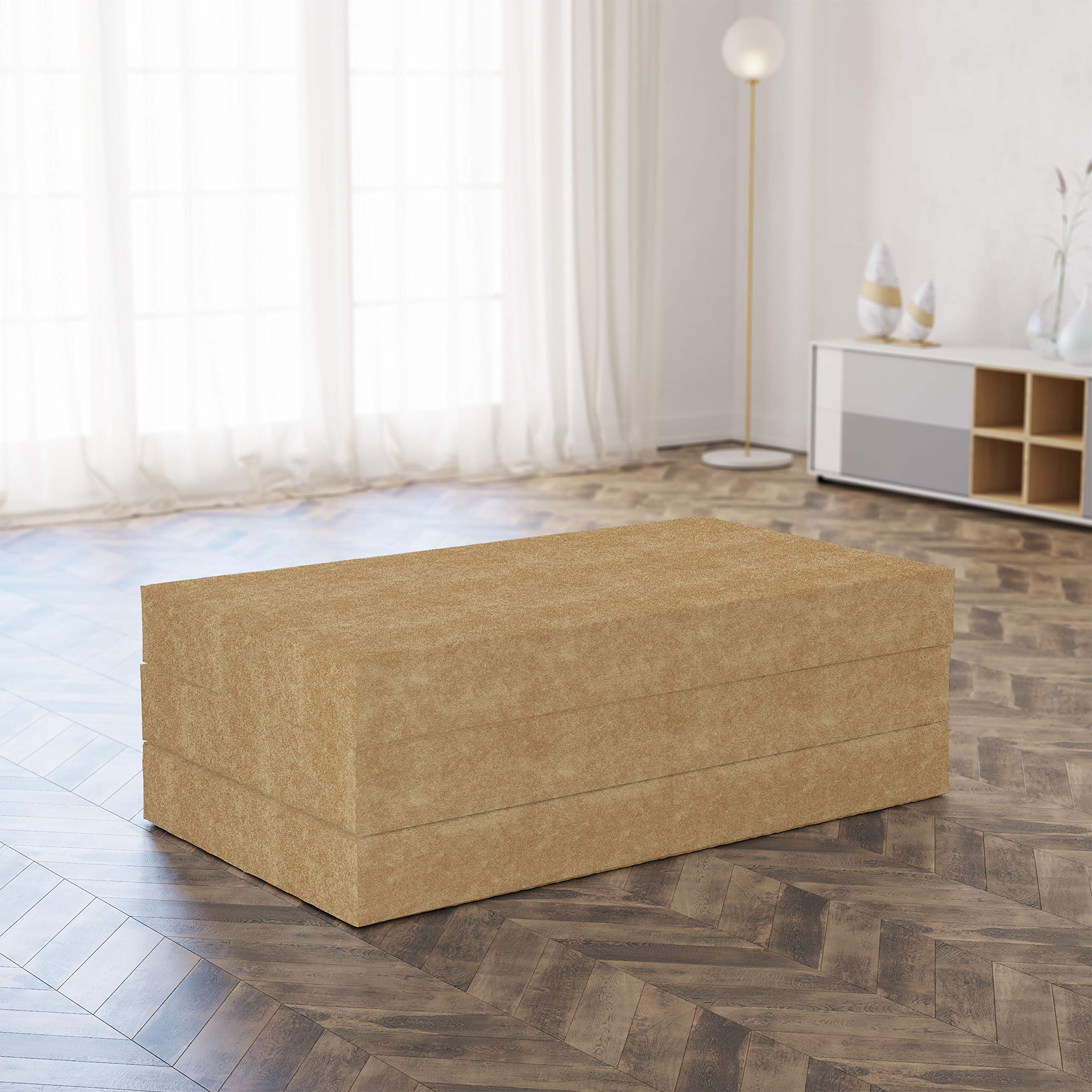Ambesonne Faux Suede Foldable Mattress - Digitally Printed Weathered Texture, Portable Futon Mat & Lightweight Sleeping Pad for Guest Bed, Camping, Dorms - Pale Earth Yellow King Size | Perfect for Spare Bedrooms, Travel & Outdoor Adventures