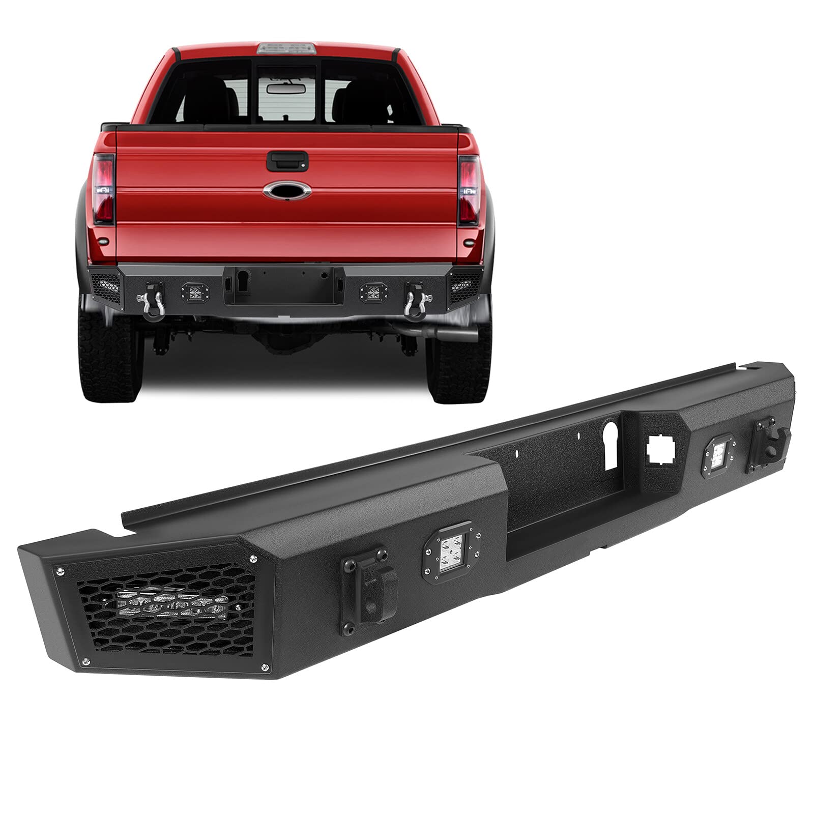 SCITOO Rear Bumper Replacement for 2015-2017 Ford F-150 with D-Ring & LED Lights - Textured Black - Heavy Duty Truck Accessory for Off-Roading & Towing