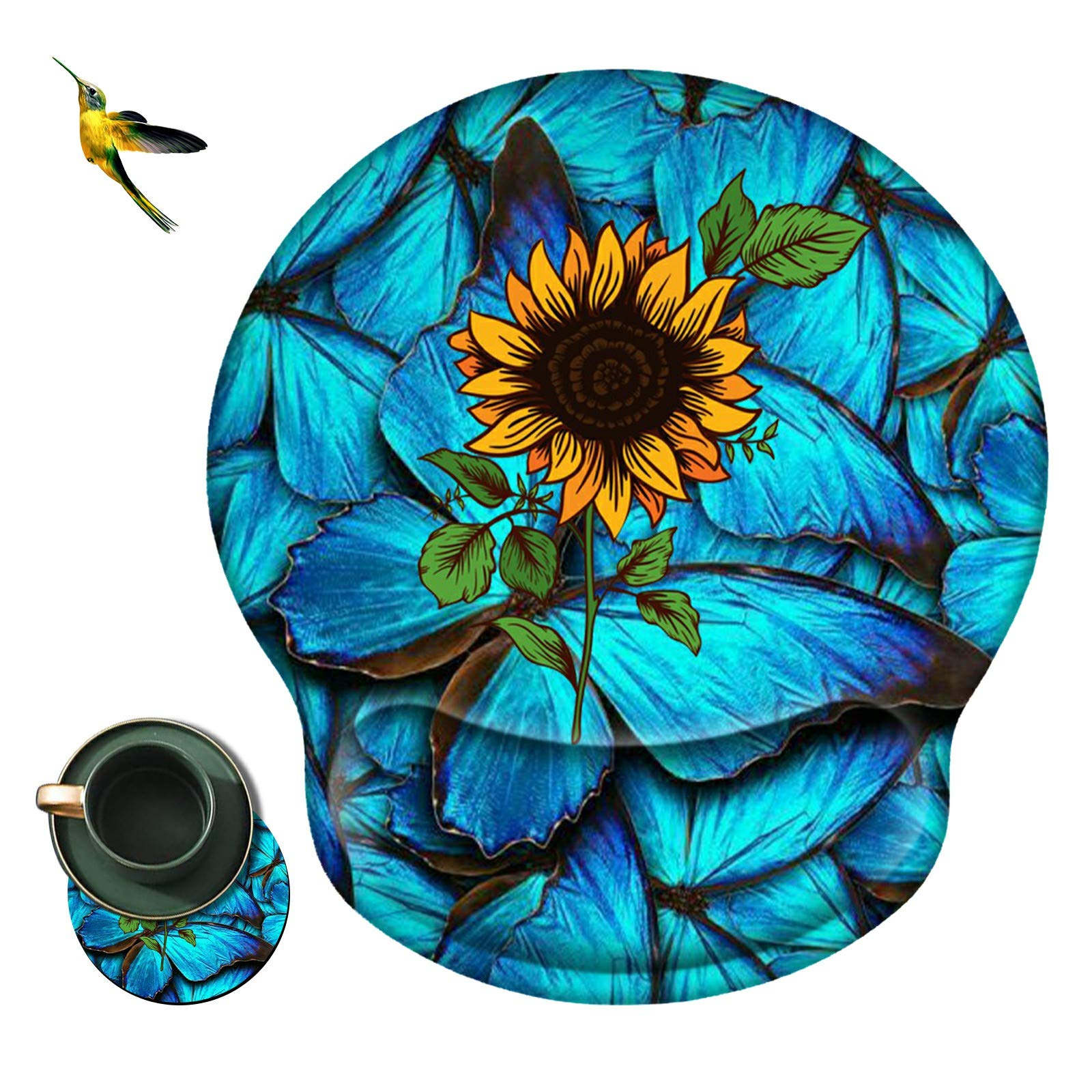Ergonomic Mouse Pad with Wrist Support Gel - Pain Relief Non-Slip PU Base Gaming Mouse Pad for Laptop, Office, PC & Wireless Devices - Includes Coasters & Stickers (Butterflies & Sunflower Design) - Perfect for Long Work Hours, Gaming & Computer Use