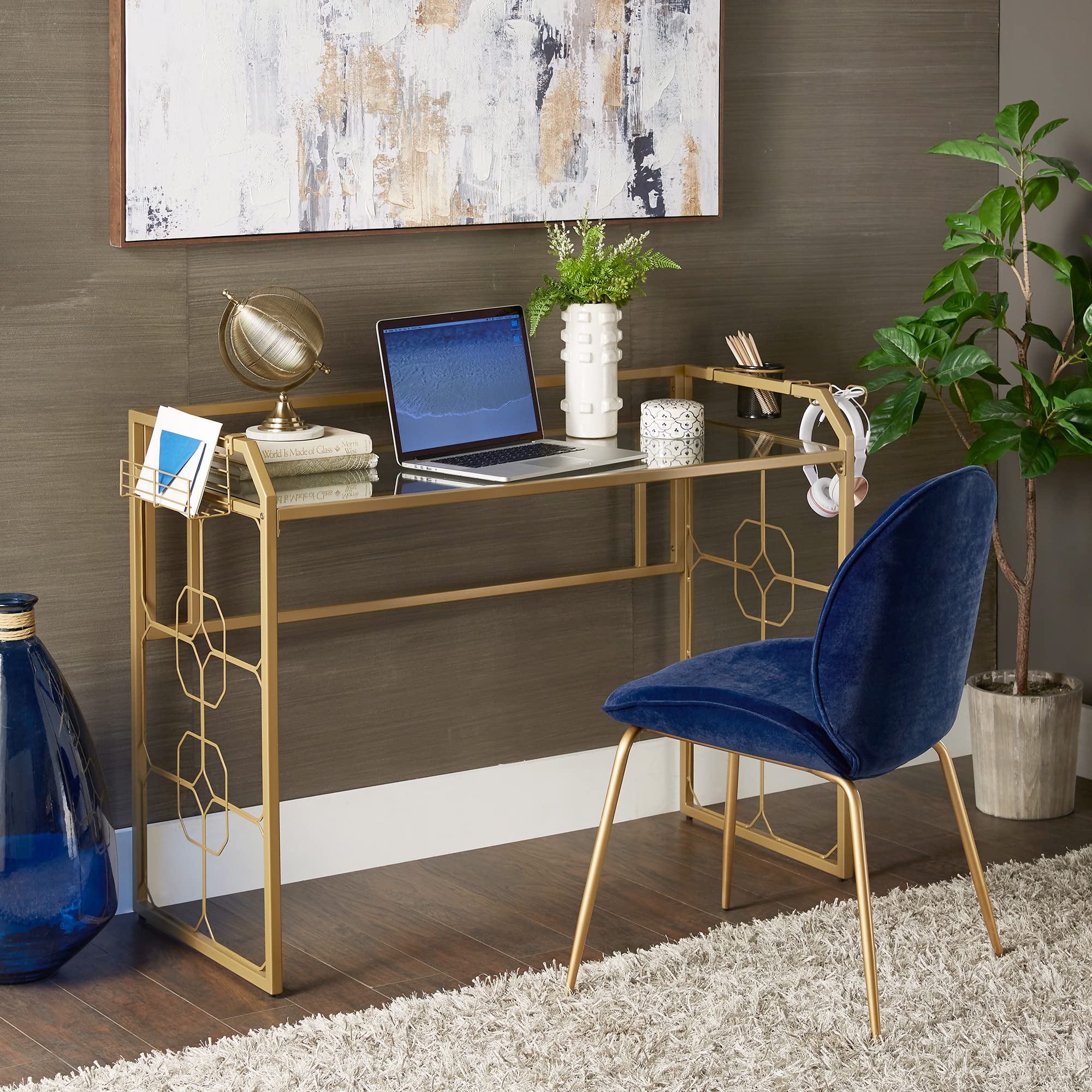 Stylish Octagon Pattern Gold Metal and Glass Desk - Modern Home Office Furniture for Work & Study