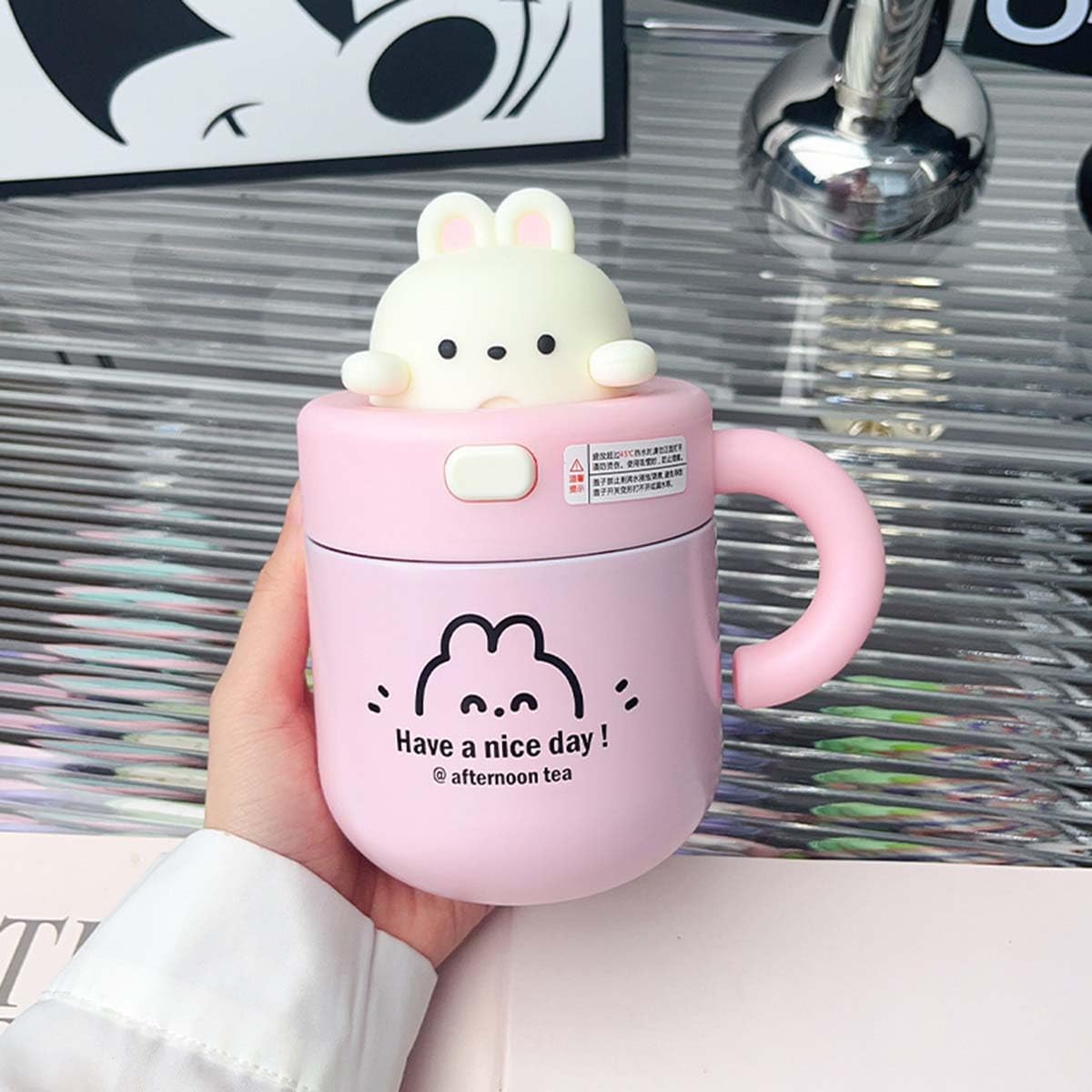Cute Bunny Bear Stainless Steel Double Walled Vacuum Insulated Leak-Proof 530ml Straw Tumbler - Pink | Kids Travel Cup, School Water Bottle, Gift for Girls & Boys