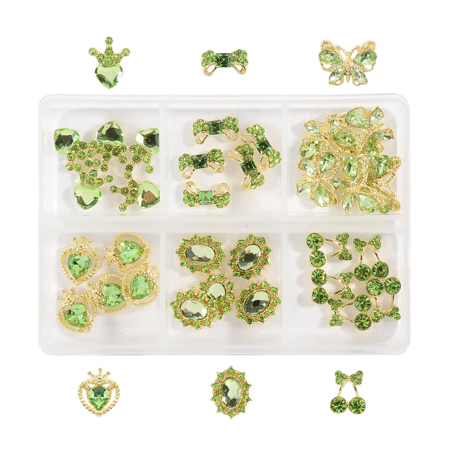 30Pcs Green Rhinestone Nail Charms - 3D Butterfly & Bow for St Patrick’s Day Nail Art