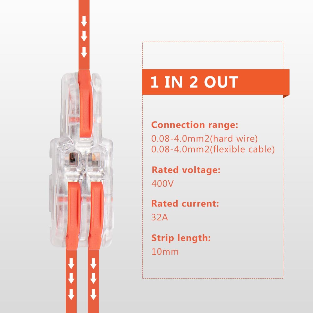 1 in 2 Out Lever Wire Connectors - 25 Pcs Transparent Shell with Orange Handle Splicing Connectors Kit for Electrical Wiring | DIY Home Projects, Automotive Repairs & Industrial Applications