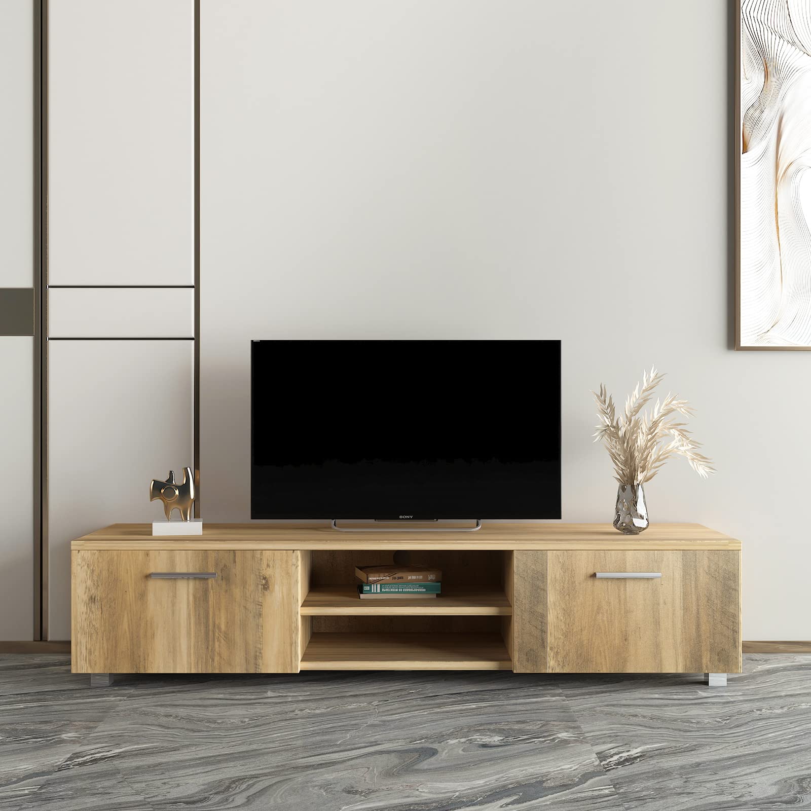 Modern TV Stand for 70 Inch TV - Sturdy Oak Entertainment Center with 2 Storage Cabinets & Open Shelves - Media Console Table for Living Room, Bedroom & Home Theater Setup