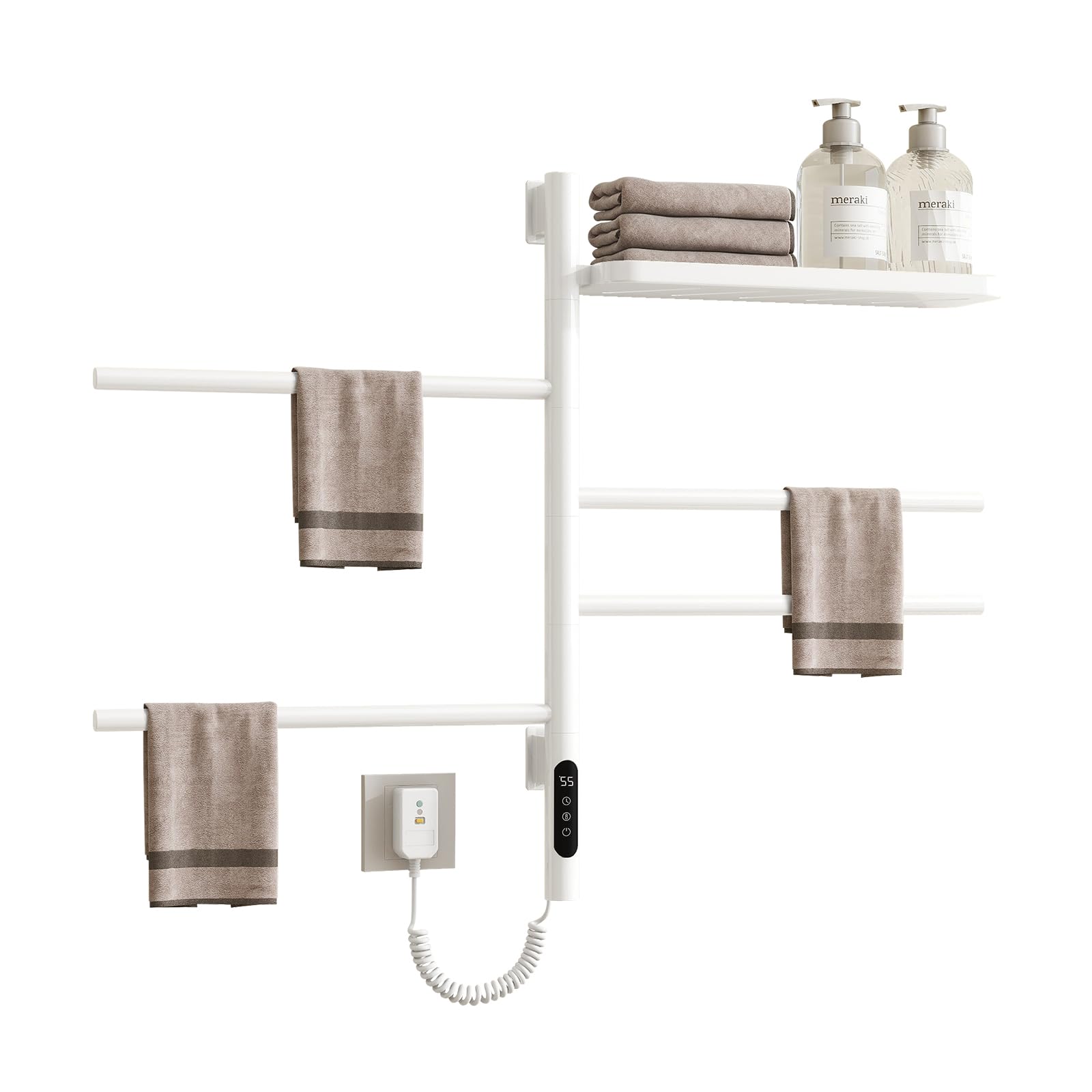 Swivel Heated Towel Rack - Wall Mounted Electric Towel Warmer with 4 Adjustable Round Bars & Built-in Timer, White Bathroom Towel Dryer with Storage Tray - Perfect for Bathrooms, Spas, Salons & Luxury Hotels (G64-White)