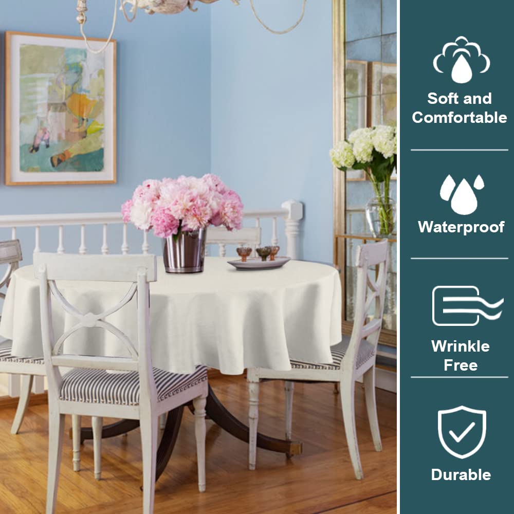 Premium Round Tablecloth 60 Inch - Wrinkle Resistant & Waterproof Washable Linen Fabric - Ivory White Table Cover for Kitchen, Dining Room, Outdoor Parties & Picnics