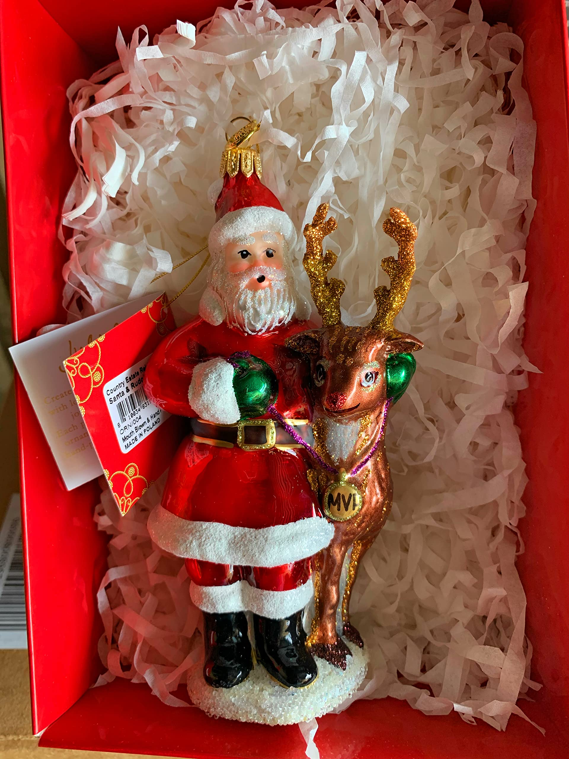 Juliska Country Estate Reindeer Games Santa & Rudolph Hand Blown Ornament - Perfect for Christmas Tree Decoration and Holiday Gift Giving