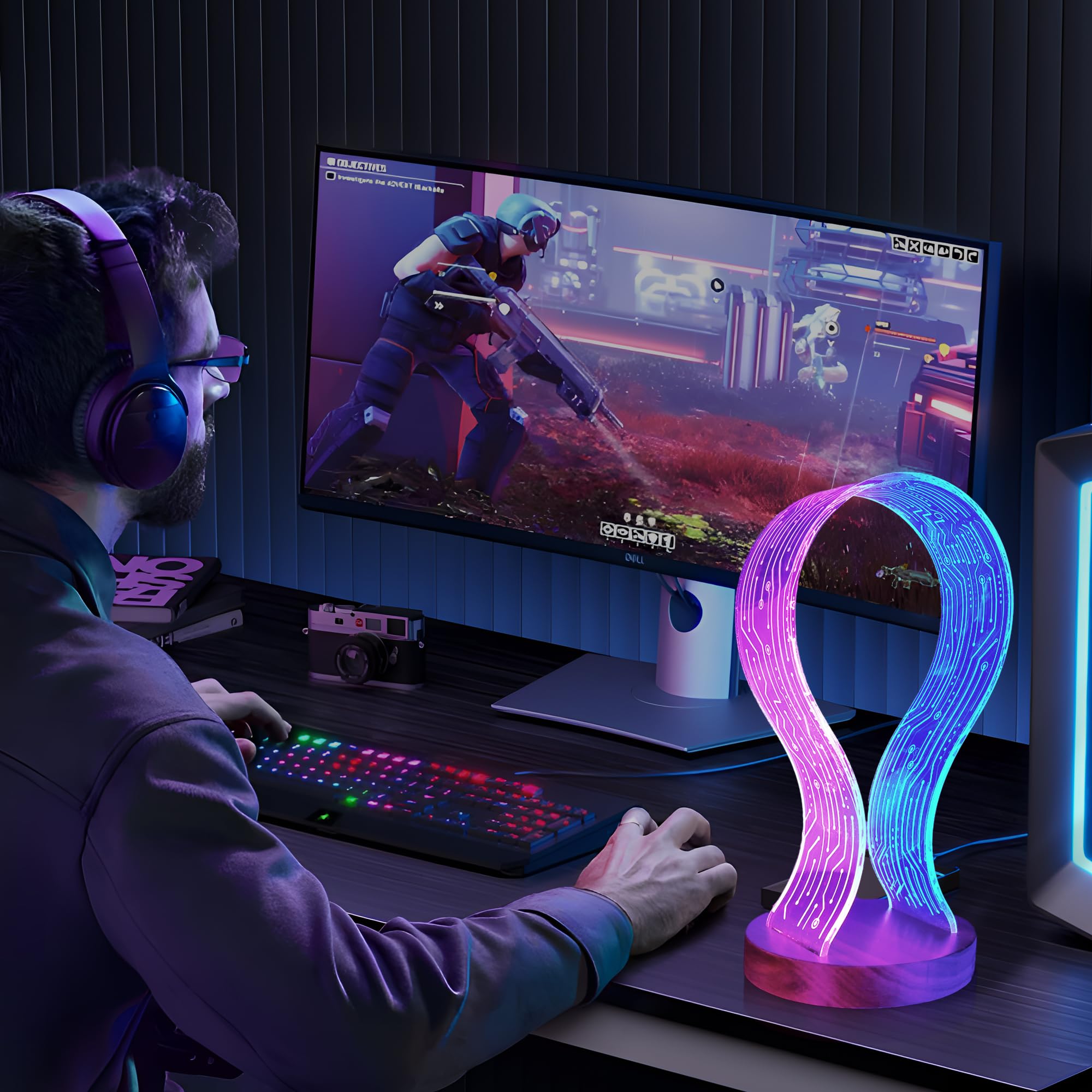 CoolGift Mart LED Headphone Stand with Blue & Pink Night Light - Wooden Gaming Headset Holder for Gamers & Music Lovers - Perfect Desk Organizer for Gaming Setup, Home Office & Bedroom Decor