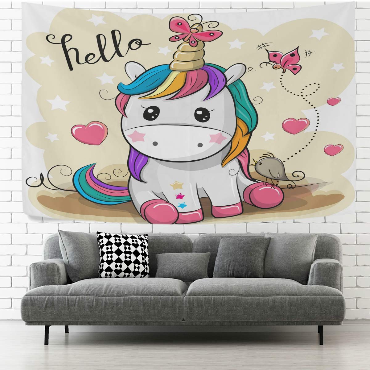 Cute Cartoon Unicorn & Butterflies Tapestry Wall Hanging - 80