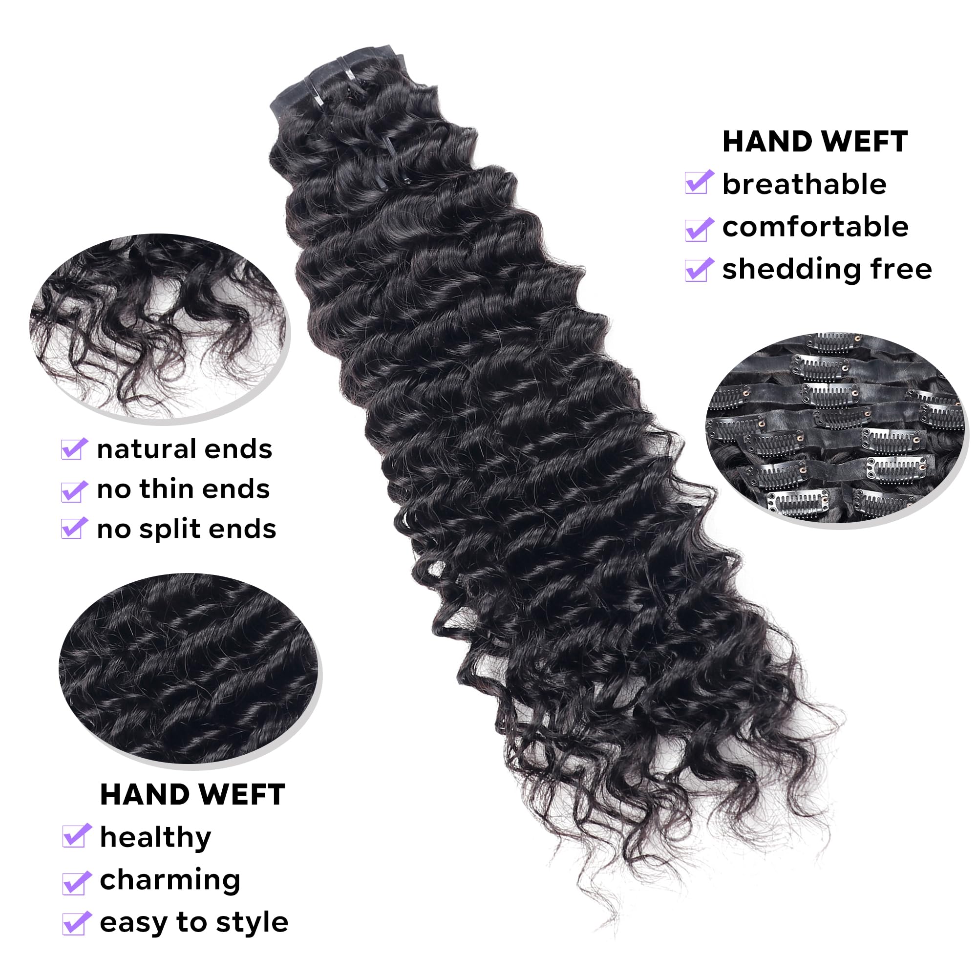 8Pcs Brazilian Virgin Human Hair Clip-in Extensions 26inch Deep Wave Natural Black – 120g Remy Hair with 18 PU Clips for Women | Perfect for Parties, Weddings & Daily Styling