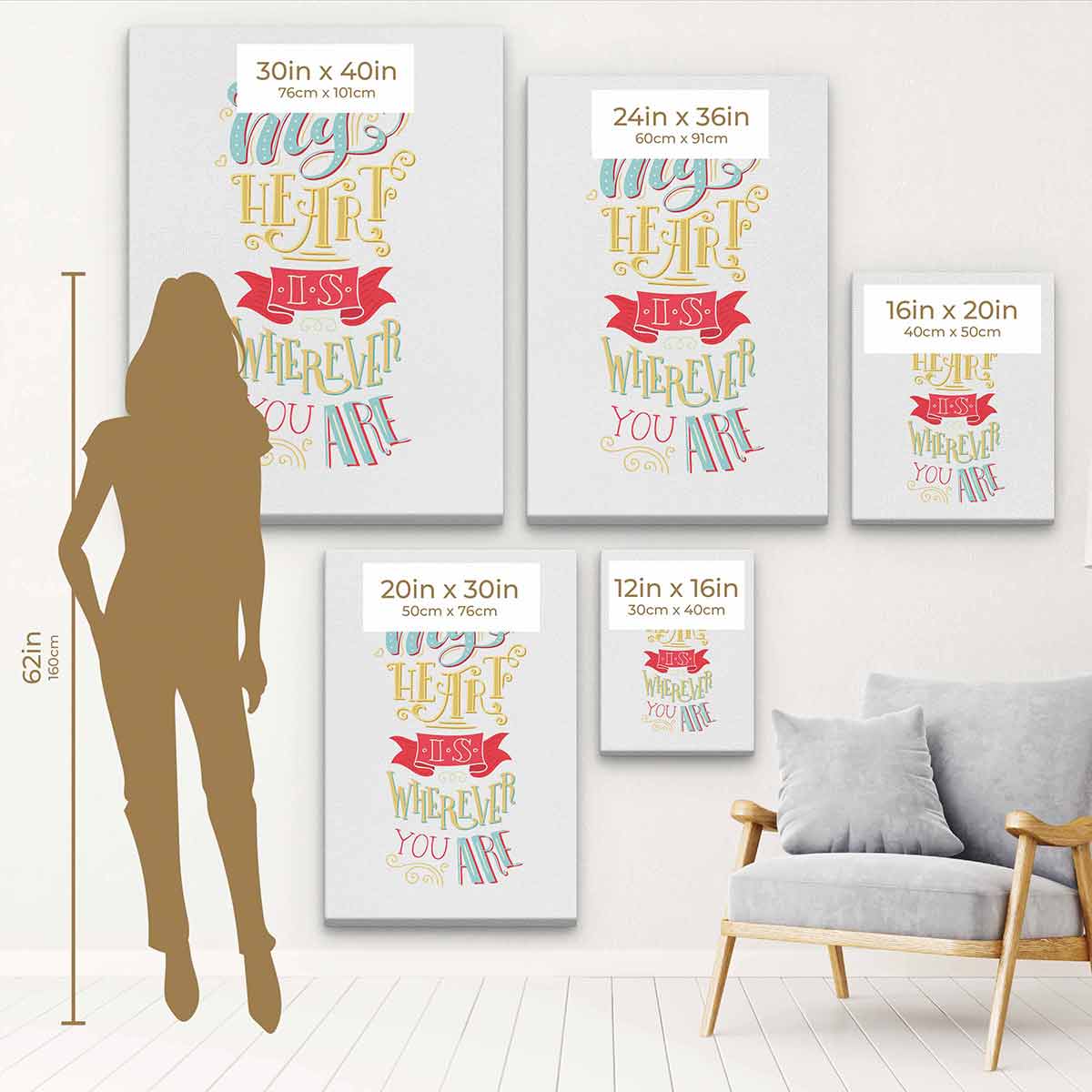 My Heart is Wherever You Are - White Wall Art Canvas Print 4270 - Perfect for Home Decor, Living Room, Bedroom & Office