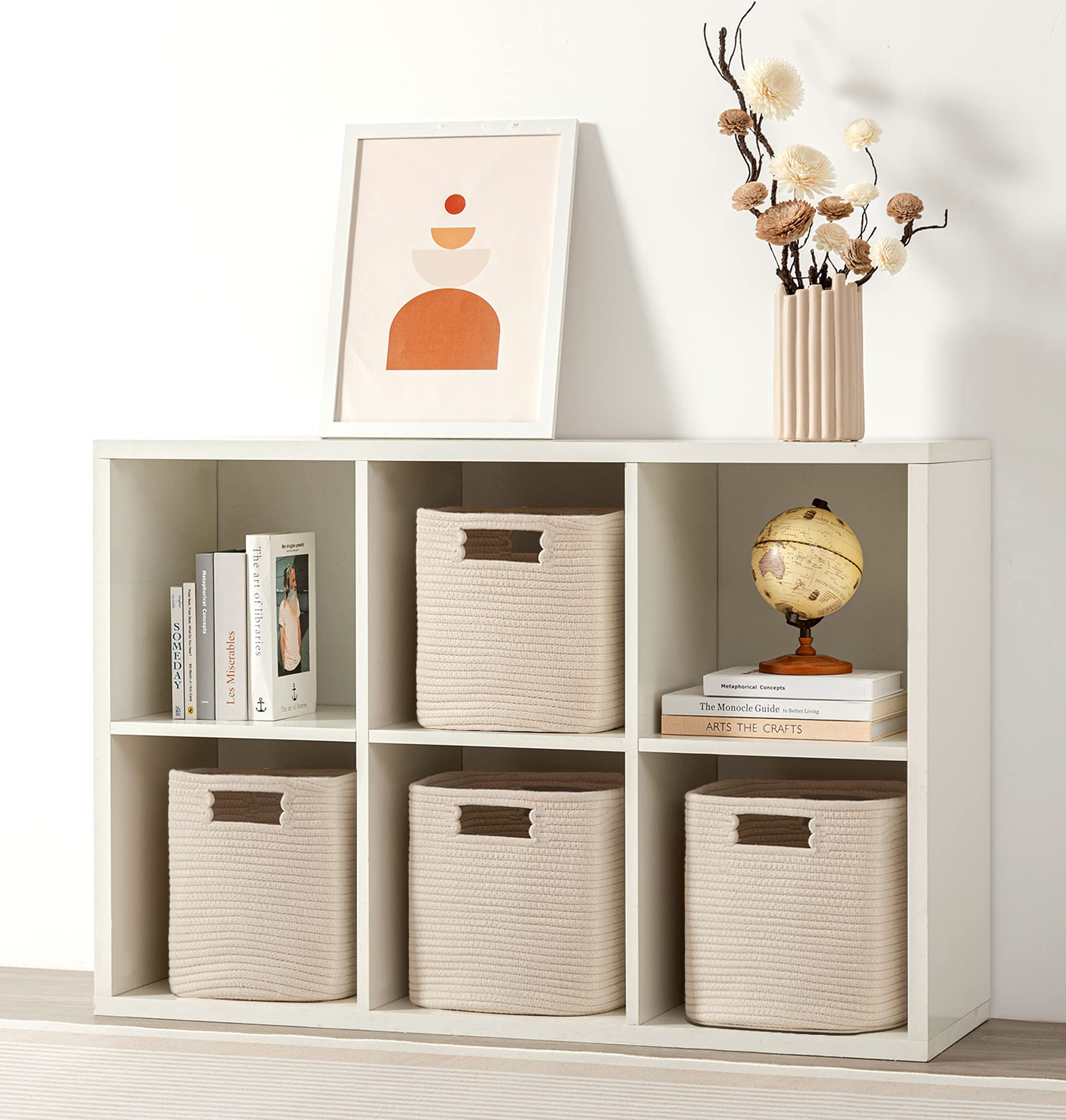 UBBCARE Set of 4 Woven Storage Baskets - 11x10.5x10.5 Inch Cotton Rope Cube Bins with Handles for Shelves, Toys, Books | Home Organization for Bedroom, Nursery, Closet & Office (Beige)
