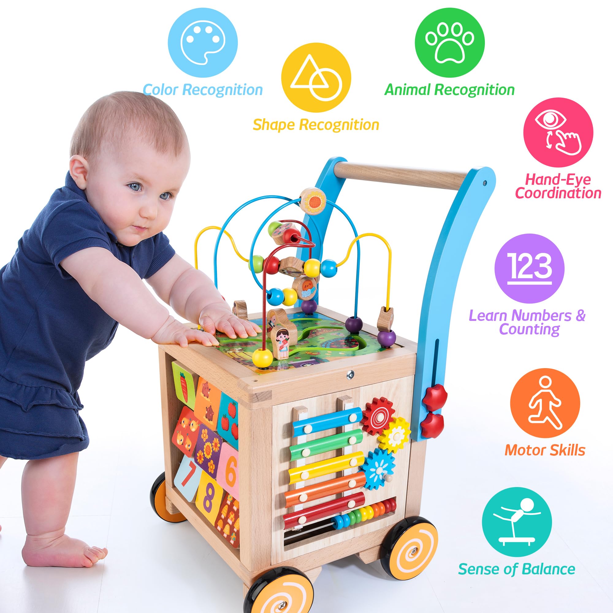 **9-in-1 Wooden Baby Walker & Activity Cube – Adjustable Sit-to-Stand Learning Toy for Toddlers, Push & Pull Early Educational Toy for Boys & Girls – Perfect for Playtime, Learning & Motor Skill Development**