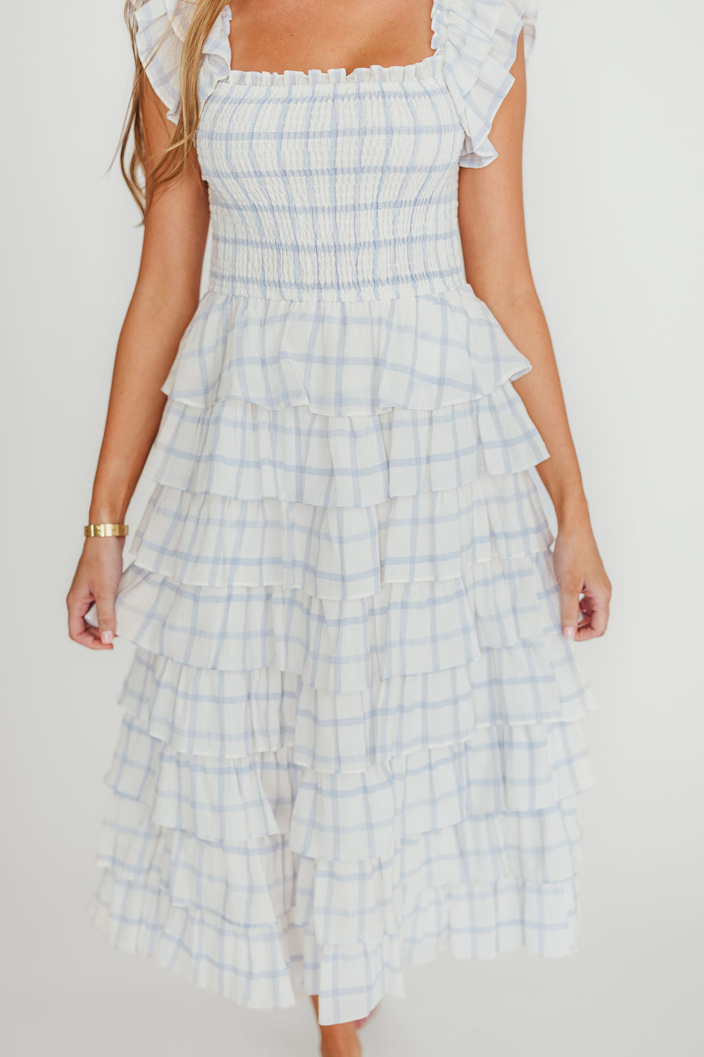 Adelynn Women's Elegant Ruffle Midi Dress - White & Blue Floral Summer Dress for Casual Wear, Date Night & Special Occasions