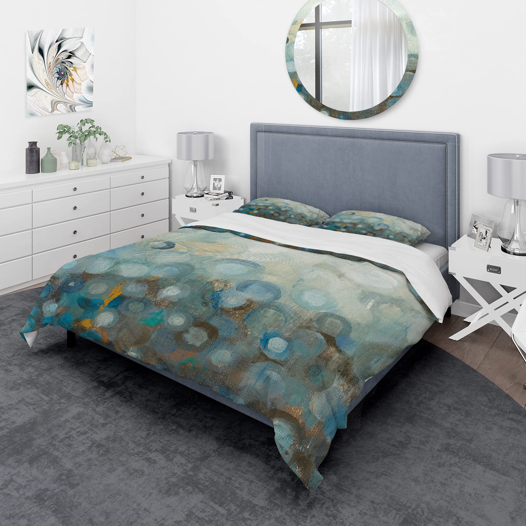 DesignQ Blue & Bronze Dots Glass Print Duvet Cover Set King Size - 3 Piece Abstract Modern Bedding | All Season Comfort for Contemporary Bedrooms & Guest Rooms