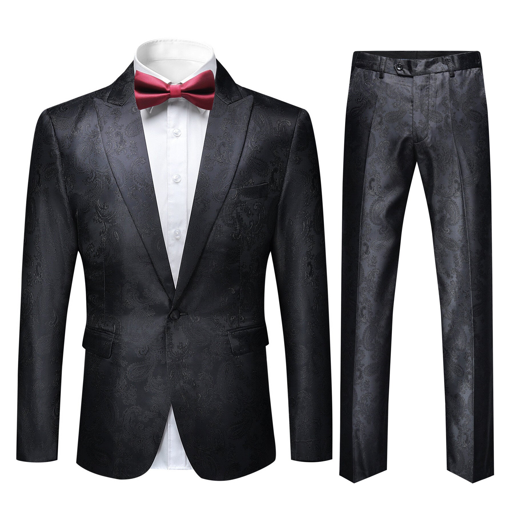 2 Piece Slim Fit Paisley Print Men's Suit Set - Black Formal Wear for Weddings, Parties & Business Events