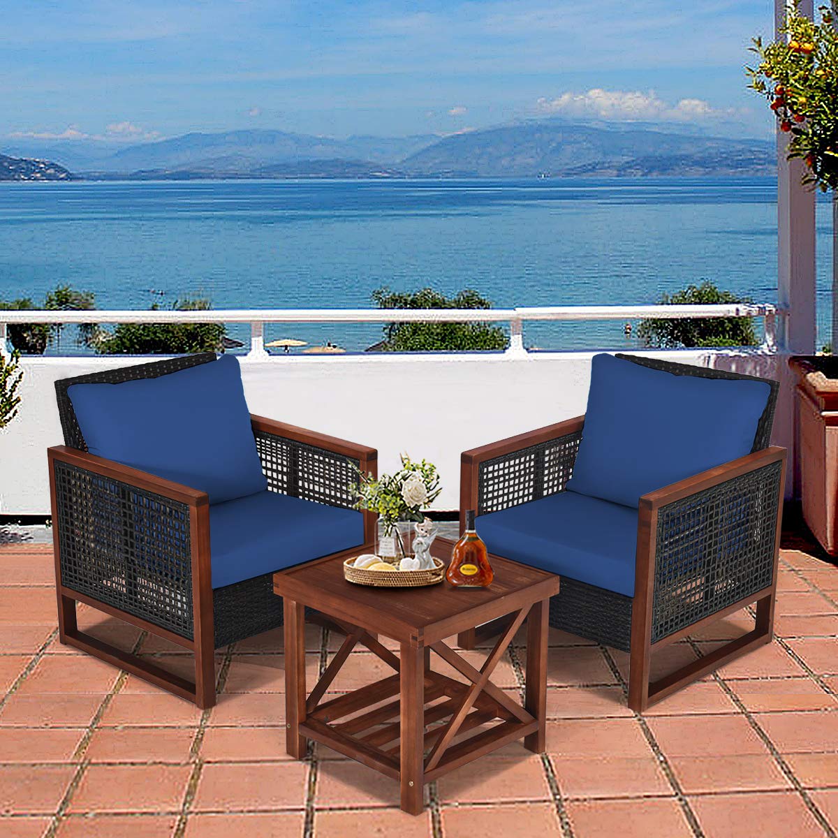 HAPPYGRILL 3-Piece Outdoor Patio Furniture Set - Wicker Chairs with Coffee Table, Acacia Wood Frame & Washable Cushions - Perfect for Garden, Poolside, Backyard, Balcony & Porch Relaxation