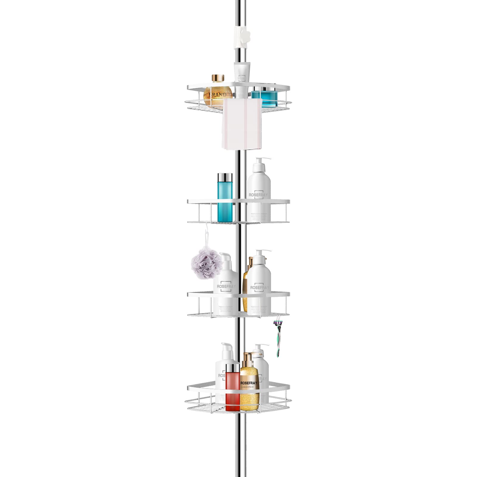 Rosefray Adjustable Tension Pole Shower Caddy - 304 Stainless Steel Corner Shower Shelf with 4 Large Baskets & 6 Hooks, Height 3.7 to 9ft - Perfect for Bathroom Storage, Organizing Toiletries, and Saving Space