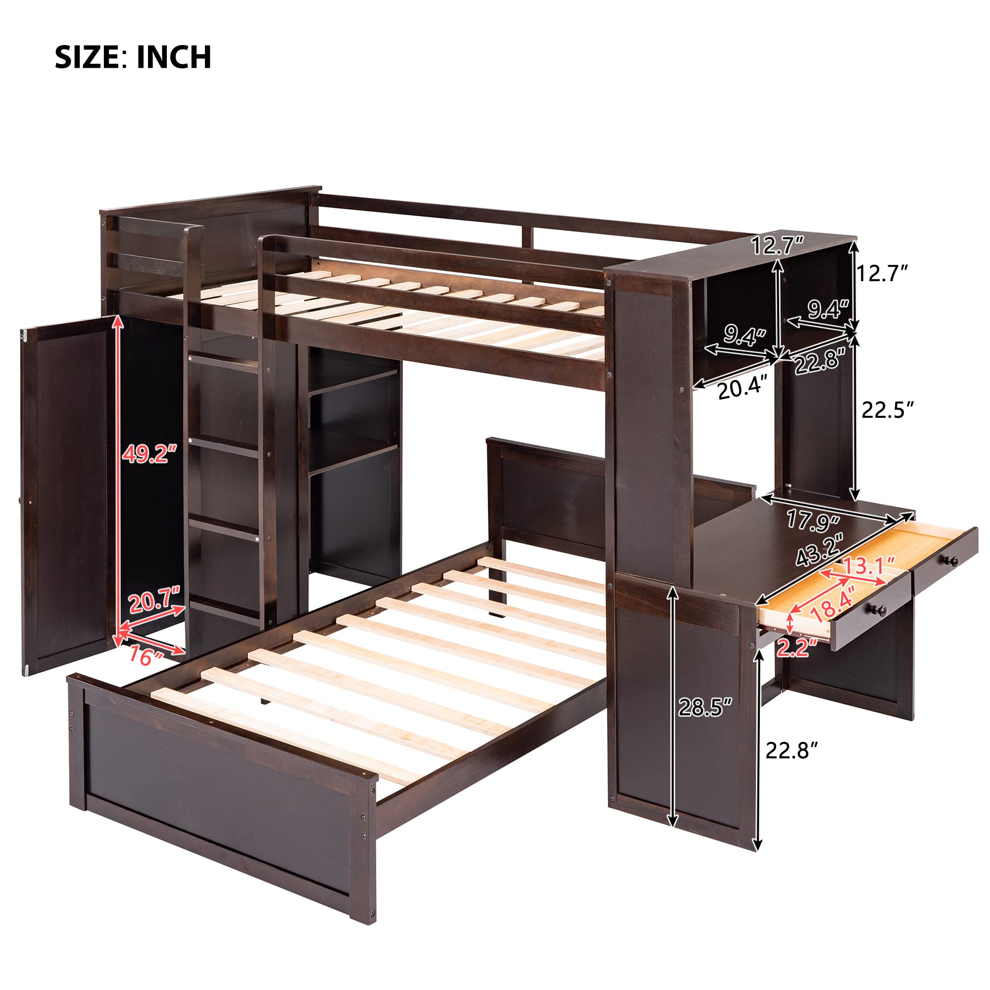 Twin Over Twin Bunk Beds with Desk & Storage - Wooden Loft Bed with Removable Twin Bed, Wardrobe, Shelves, Ladder & Guardrails for Kids - Space-Saving Bedroom Solution for Small Rooms, Dorms or Shared Kids' Rooms (Espresso Finish)