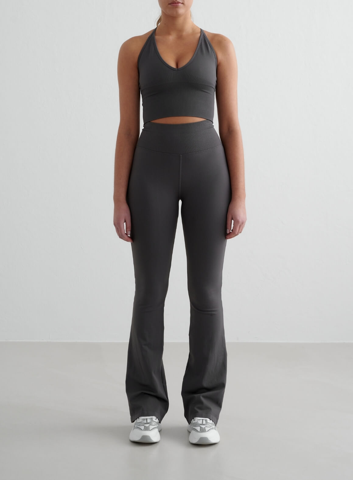 Shadow Grey Seamless Flare Leggings for Women - High Waisted Yoga Pants with Tummy Control - Perfect for Workouts, Running & Everyday Wear