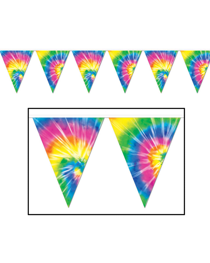 Vintage 60s Tie Dye Pennant Banner - Colorful Hippie Party Decor for Room, Wall, Festival & Boho Home Decor