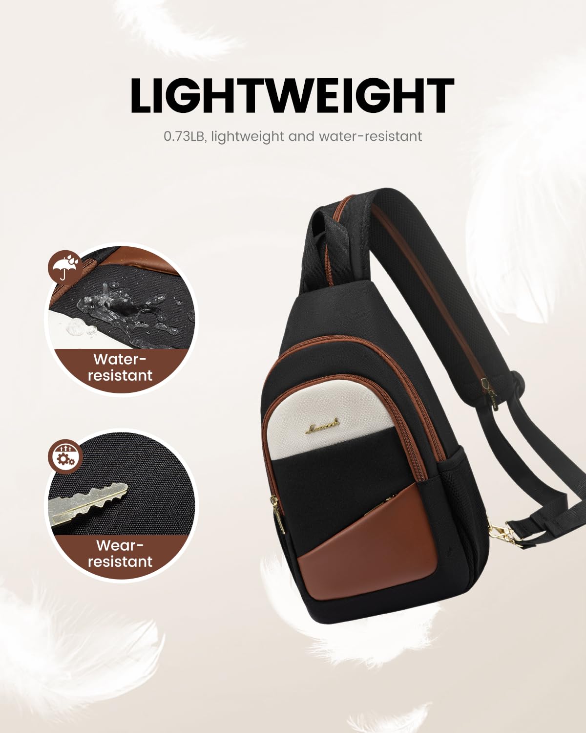 LOVEVOOK Women's Sling Backpack - Water-resistant Crossbody Bag for Hiking, Travel & Diaper Storage in Black/Brown/Beige