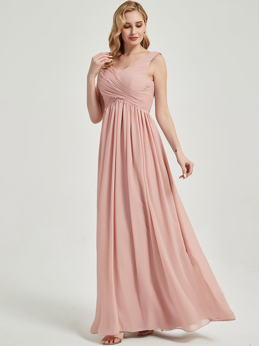 Elegant Blush Pleated Sleeveless Floor-Length Chiffon Bridesmaid Dress for Weddings & Formal Events - Empire Waist Design for Flattering Fit