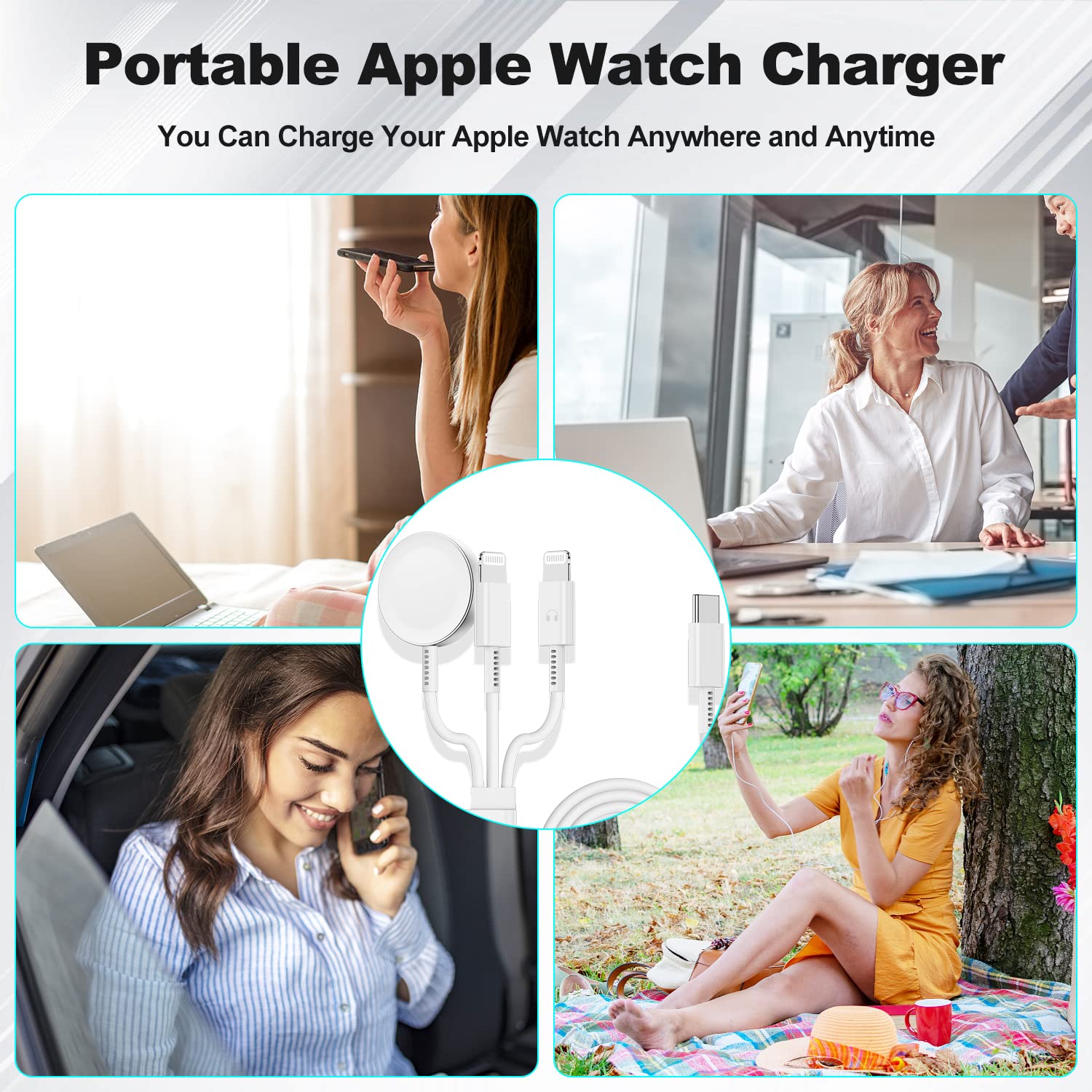 3-in-1 Magnetic Fast Charging Cable for Apple Watch Series Ultra/9/8/7/6/5/4/3/SE & iPhone 14/13/12 - 6ft USB-C Charger with 20W Power Adapter - Perfect for Travel, Office and Home Use