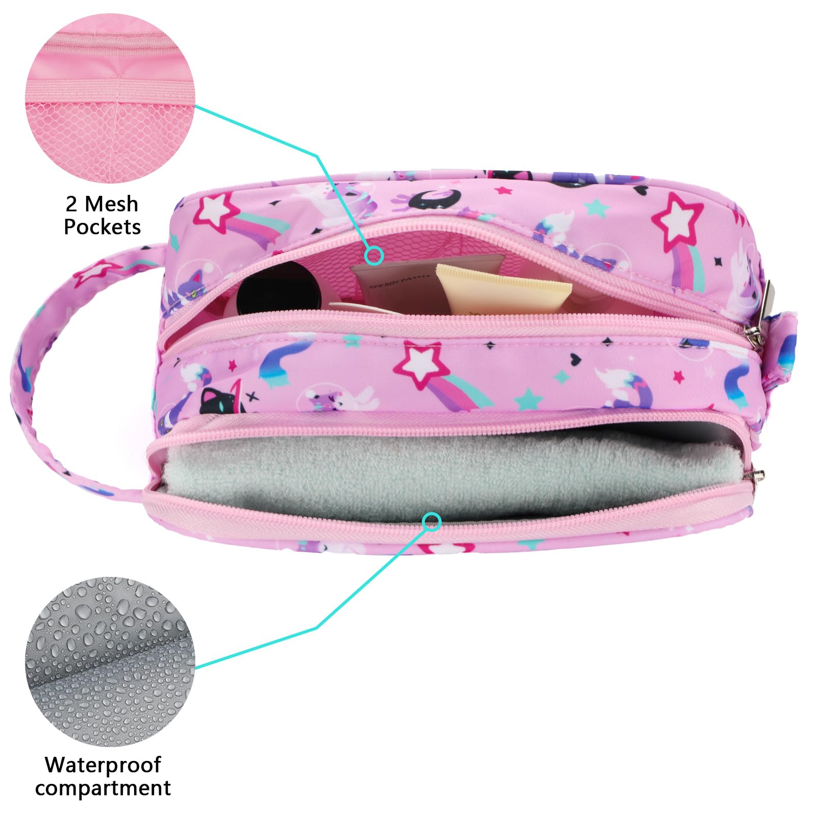 Waterproof Hanging Toiletry Bag for Girls - Cute Cat Pink Cosmetic & Makeup Travel Organizer for Toddlers & Kids - Perfect for School Trips, Sleepovers & Family Vacations