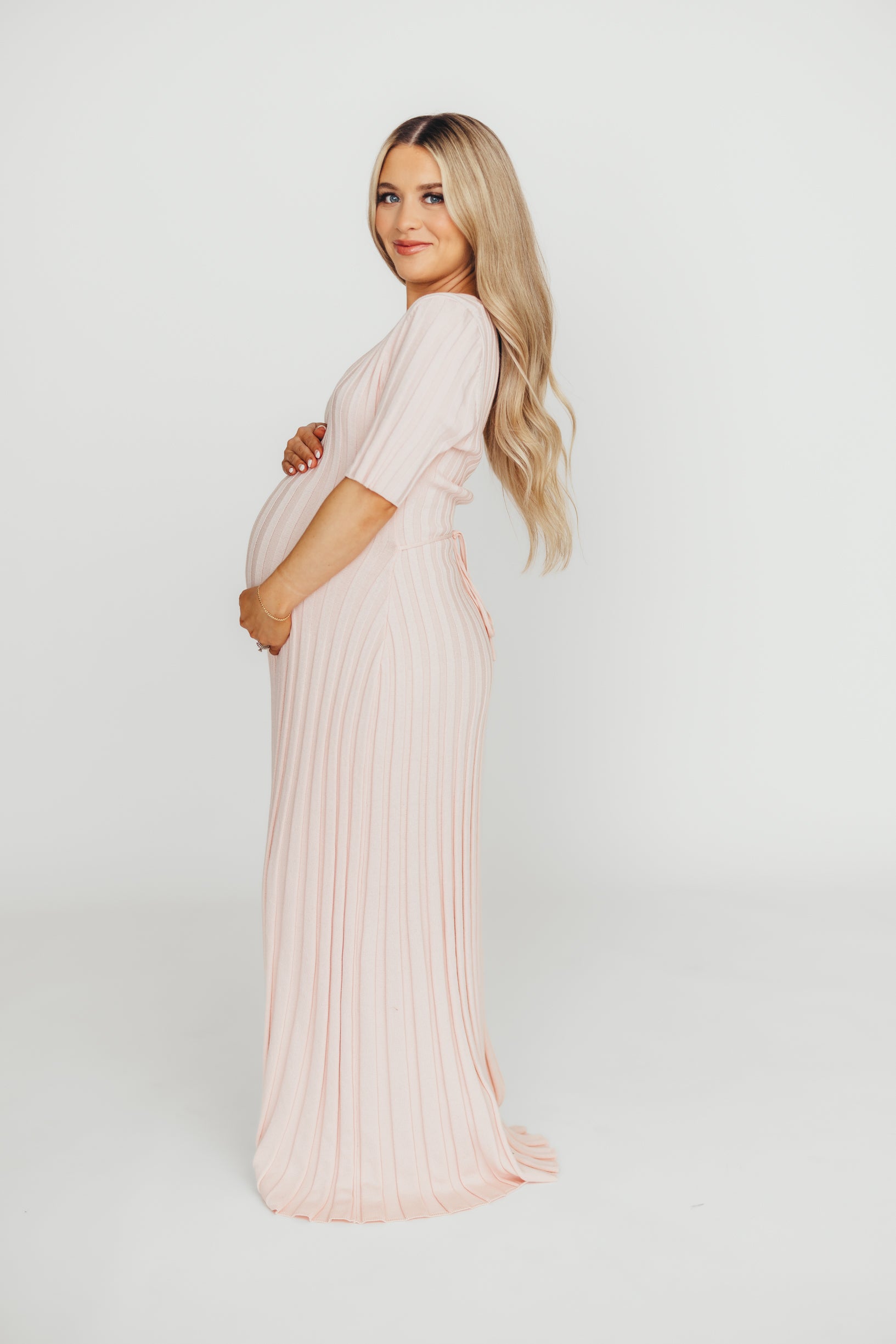 Oakley Ribbed Maxi Dress in Light Pink - Bump Friendly Maternity Dress for Women, Comfortable Stretchy Pregnancy Dress for Everyday Wear, Perfect for Baby Showers & Maternity Photos